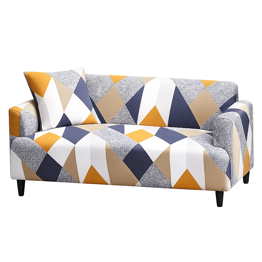 Stretch Sofa Slipcover – Navy Mustard Geometric Hexagon Print – product view 4 | Brivenzo