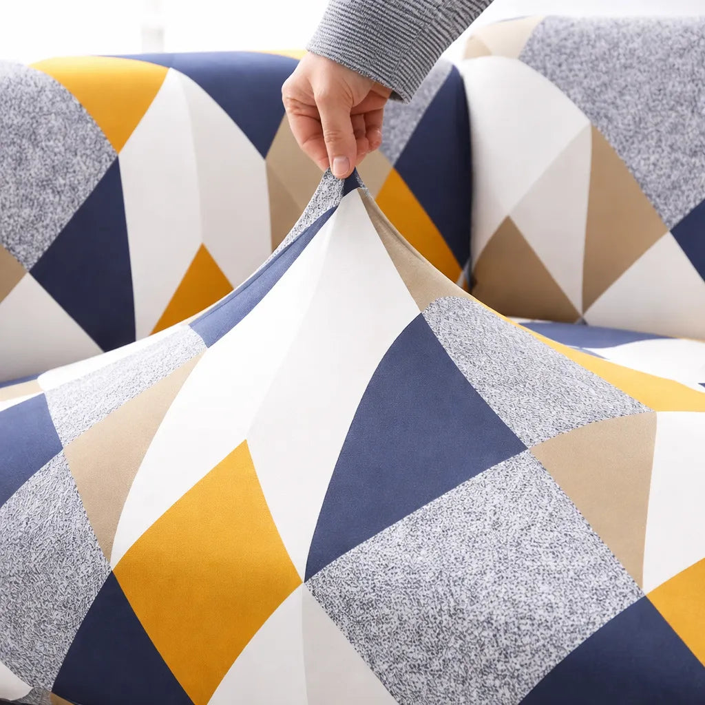 Stretch Sofa Slipcover – Navy Mustard Geometric Hexagon Print – product view 5 | Brivenzo