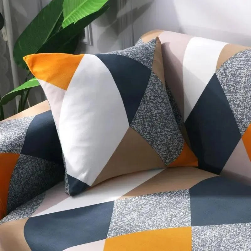 Stretch Sofa Slipcover – Navy Mustard Geometric Hexagon Print – product view 7 | Brivenzo