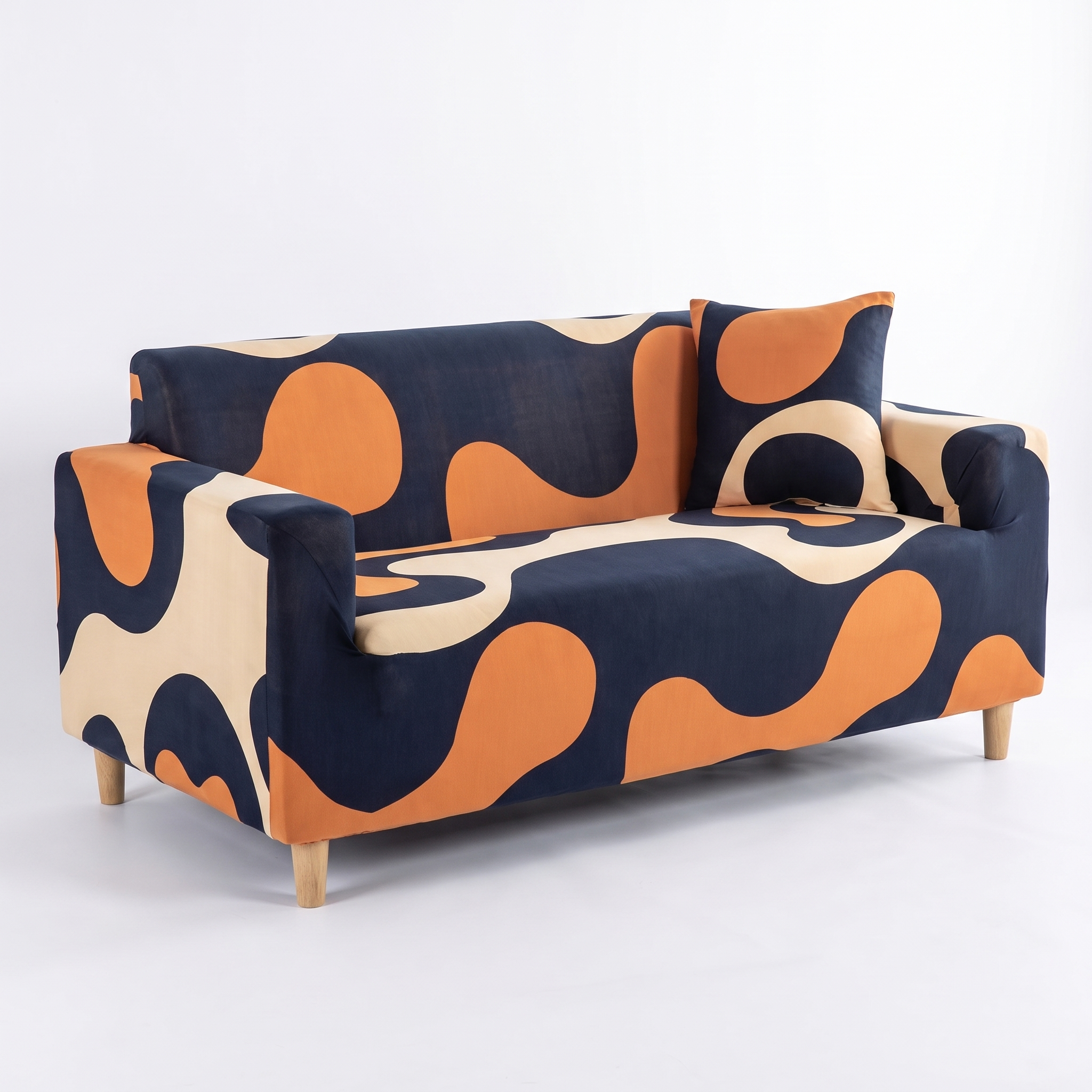 Stretch Sofa Slipcover – Navy Orange Abstract Swirl Print – product photo on a white background | Brivenzo