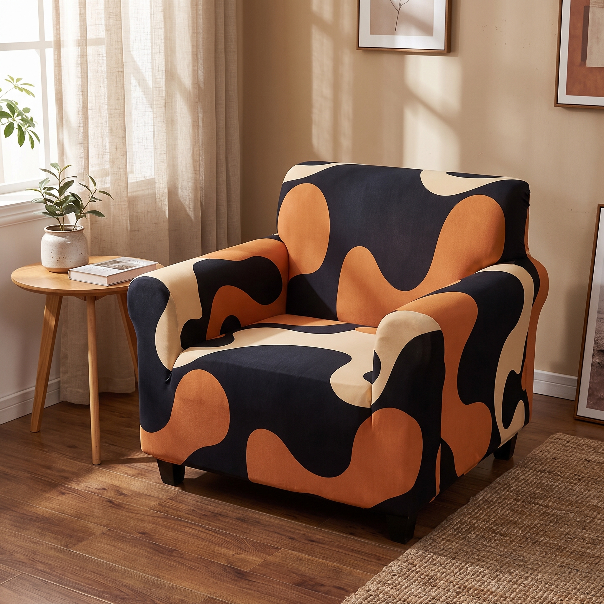 Stretch Sofa Slipcover – Navy Orange Abstract Swirl Print shown in a styled home interior | Brivenzo