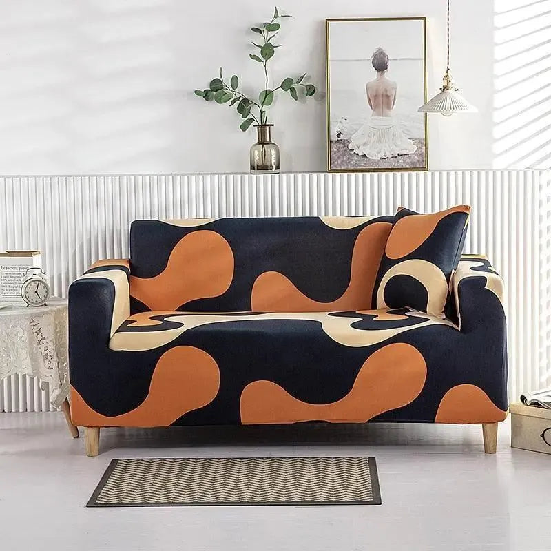 Stretch Sofa Slipcover – Navy Orange Abstract Swirl Print – product view 4 | Brivenzo