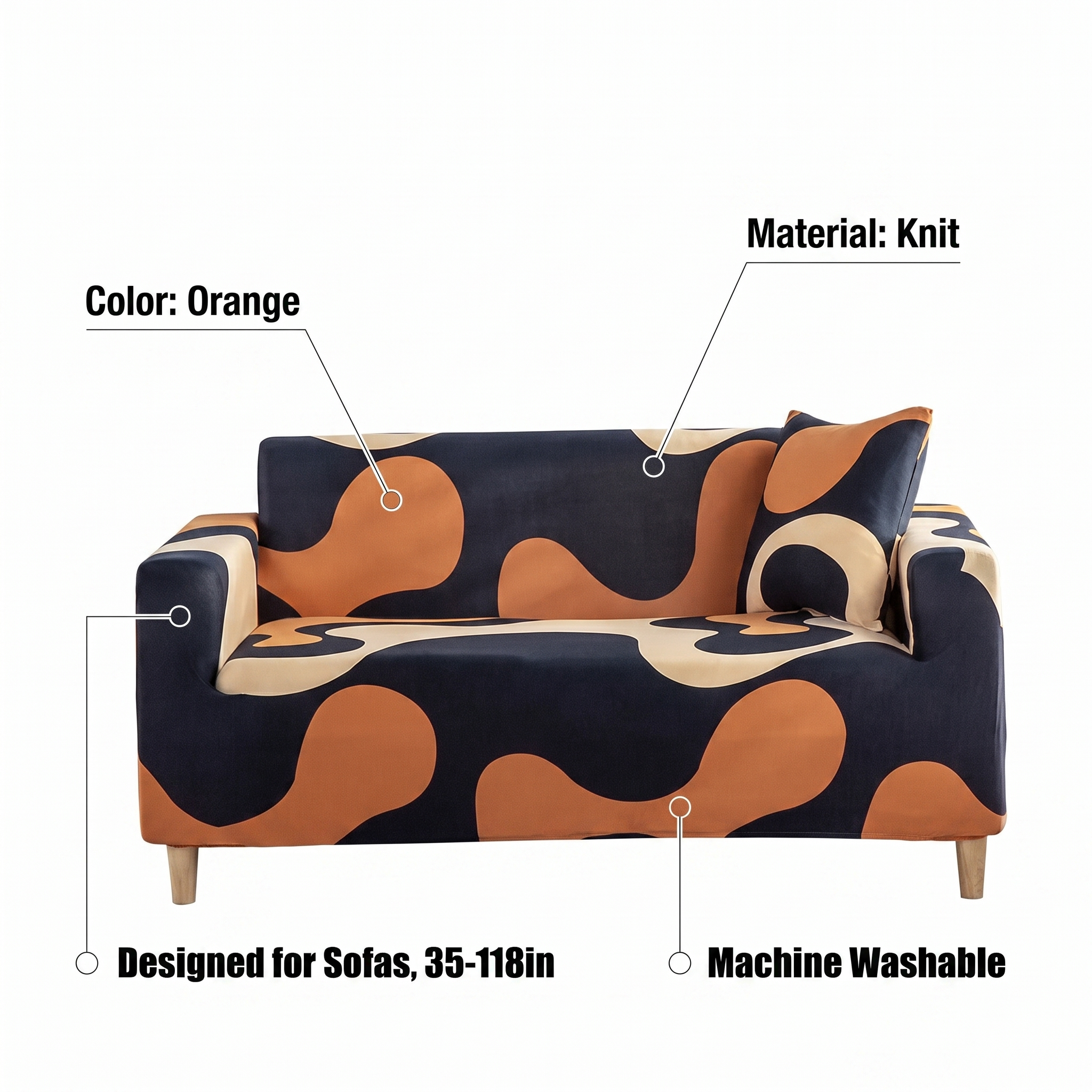 Stretch Sofa Slipcover – Navy Orange Abstract Swirl Print – features and specifications overview | Brivenzo