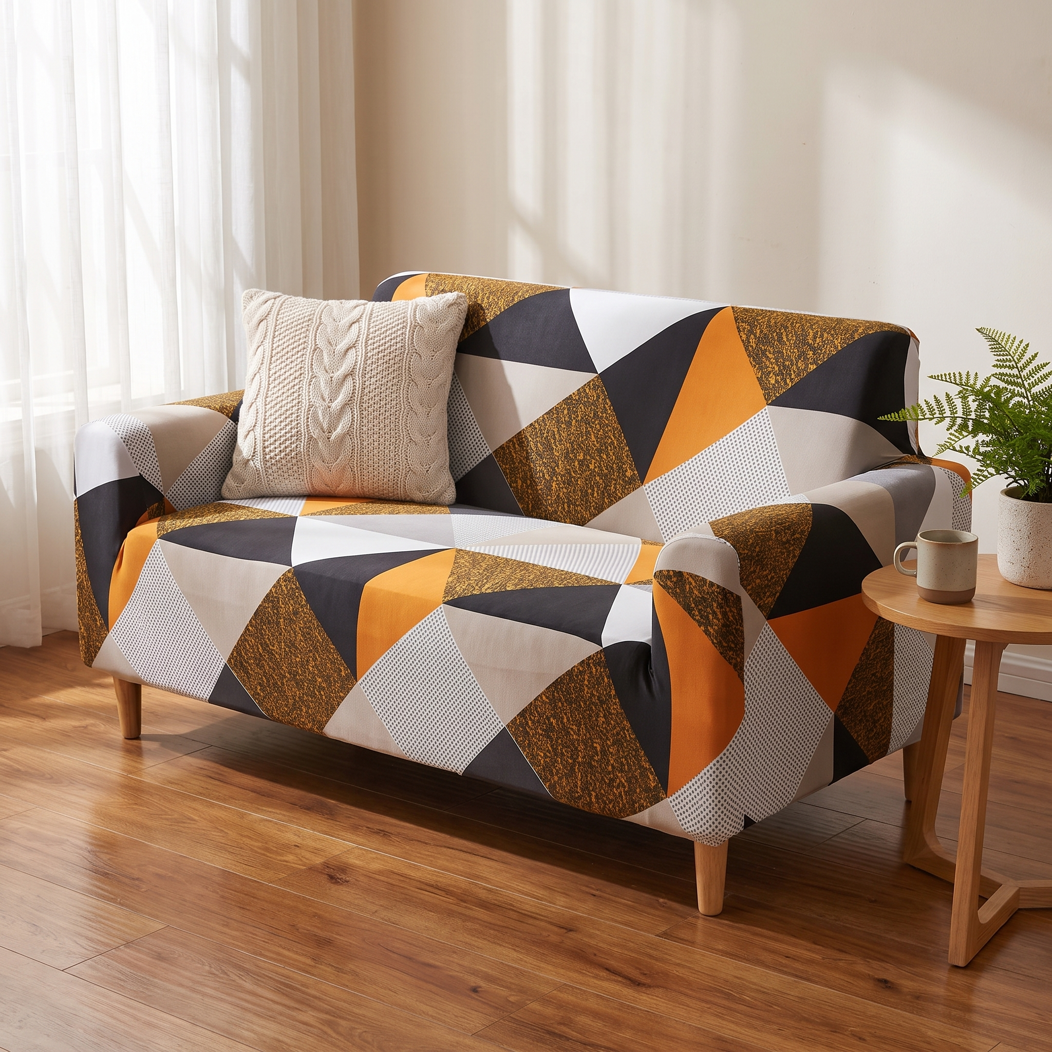 Navy Orange Geometric Triangle Print Stretch Sofa Slipcover - living room