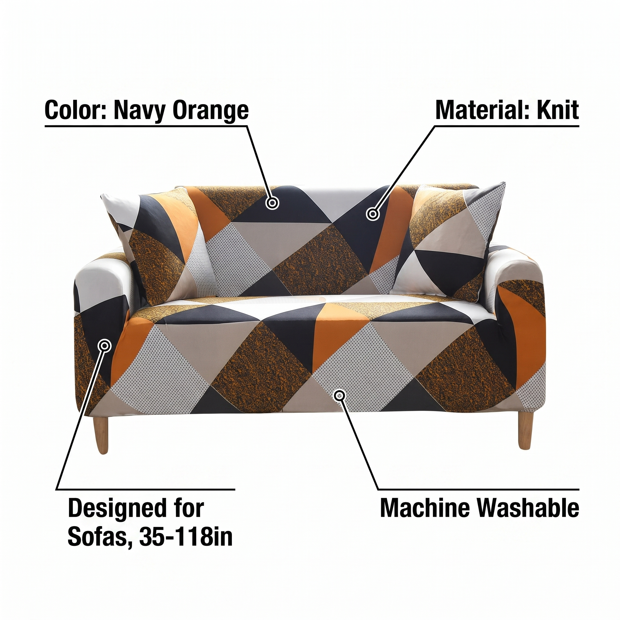 Stretch Sofa Slipcover – Navy Orange Geometric Triangle Print – features and specifications overview | Brivenzo