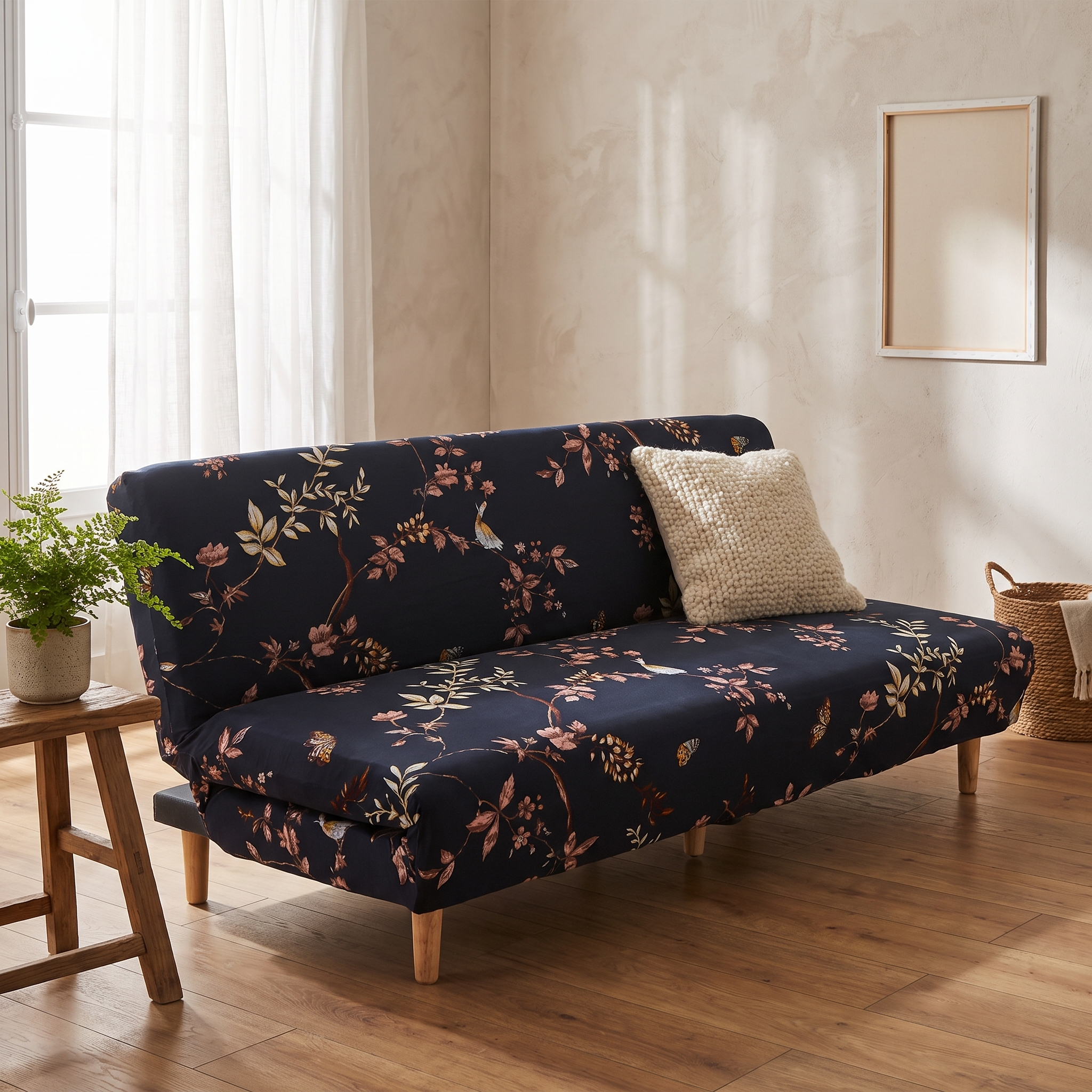 Stretch Sofa Slipcover – Navy Pink Floral Print Sofa Bed shown in a styled home interior | Brivenzo