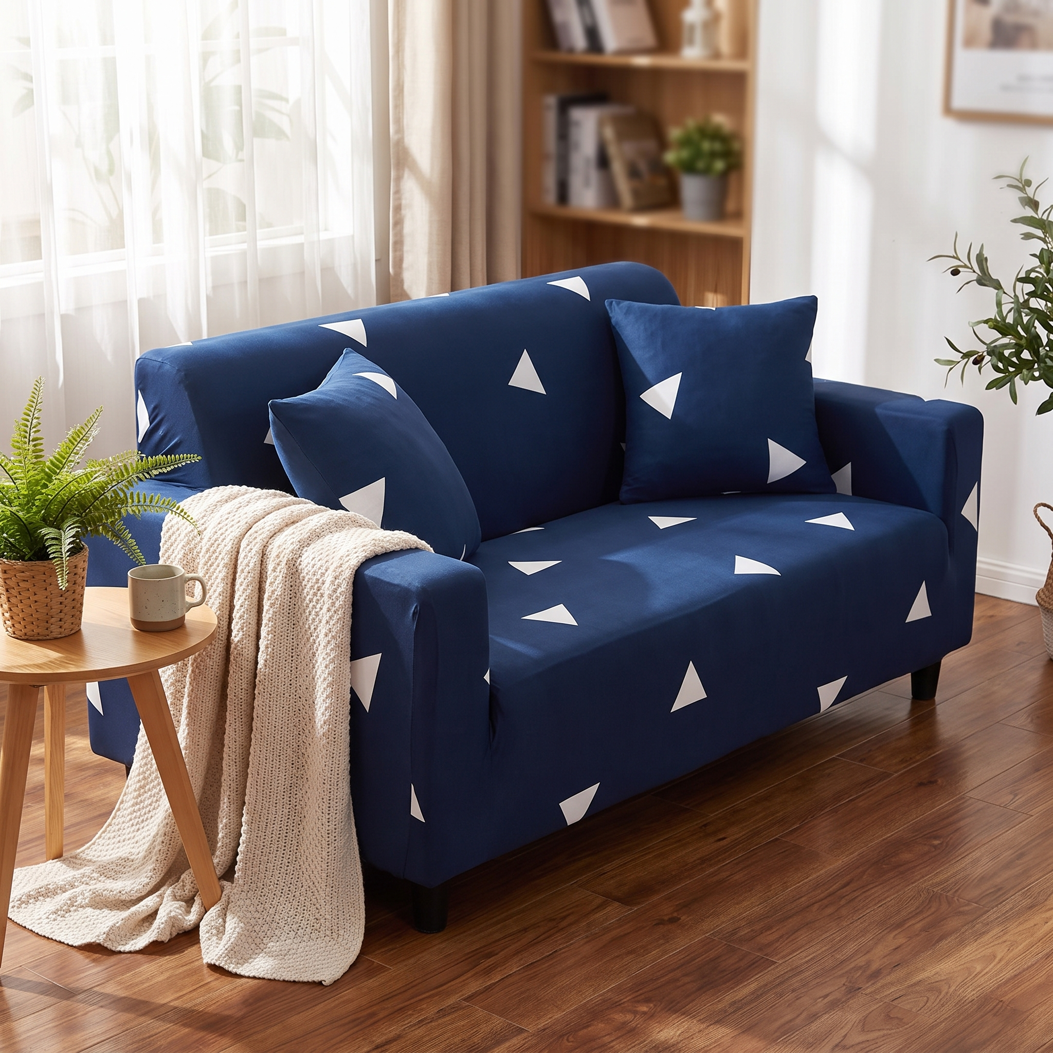 Stretch Sofa Slipcover – Navy White Triangle Print – product view 2 | Brivenzo
