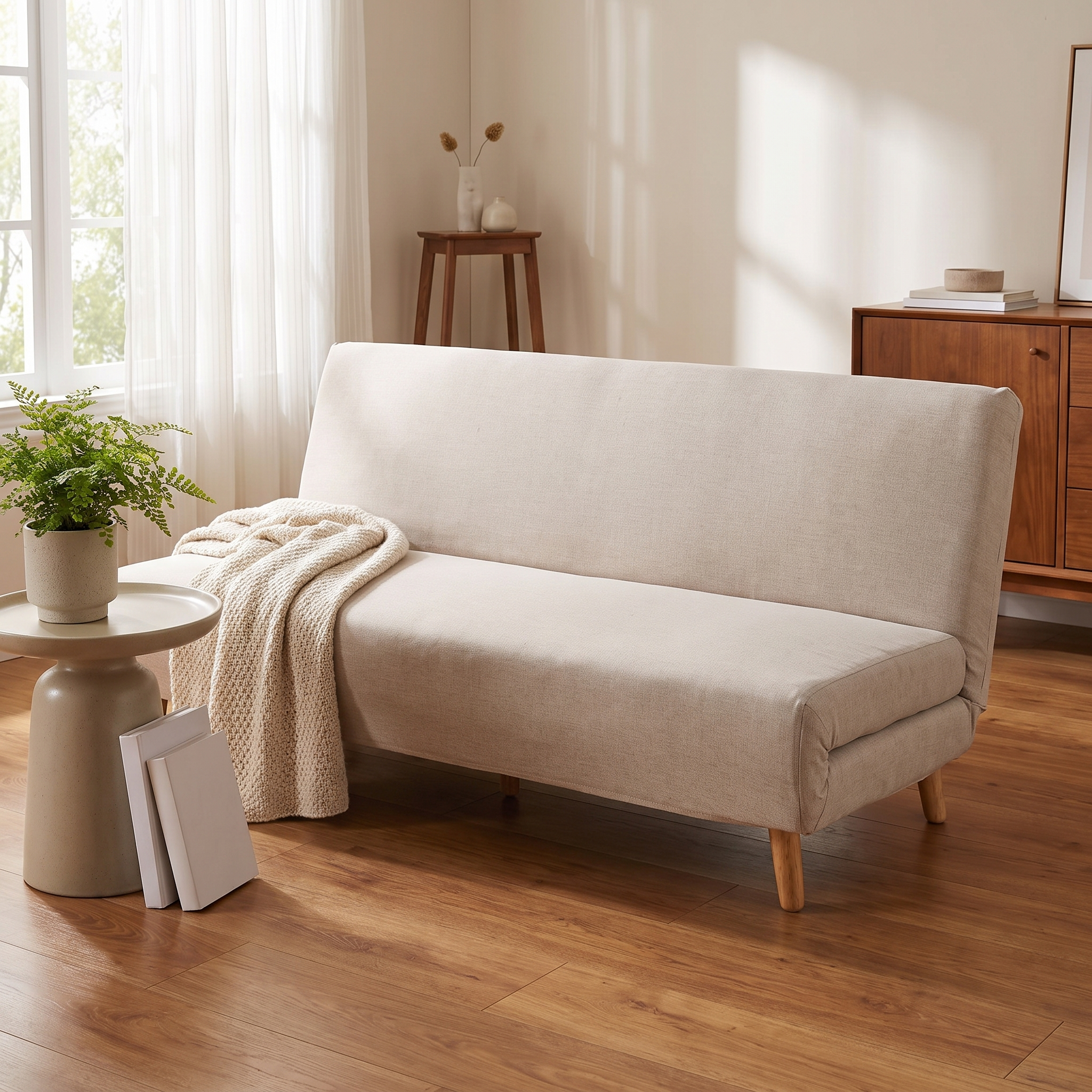 Stretch Sofa Slipcover – Oatmeal Beige Sofa Bed shown in a styled home interior | Brivenzo