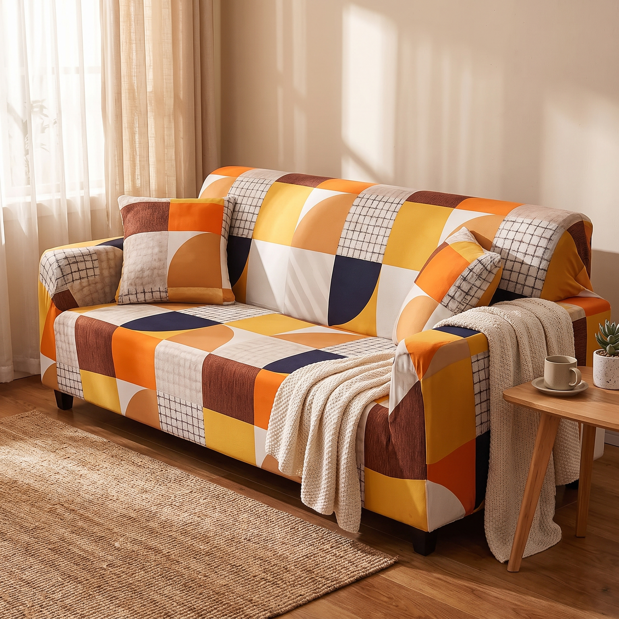 Stretch Sofa Slipcover – Orange Brown Mustard Geometric Print shown in a styled home interior | Brivenzo