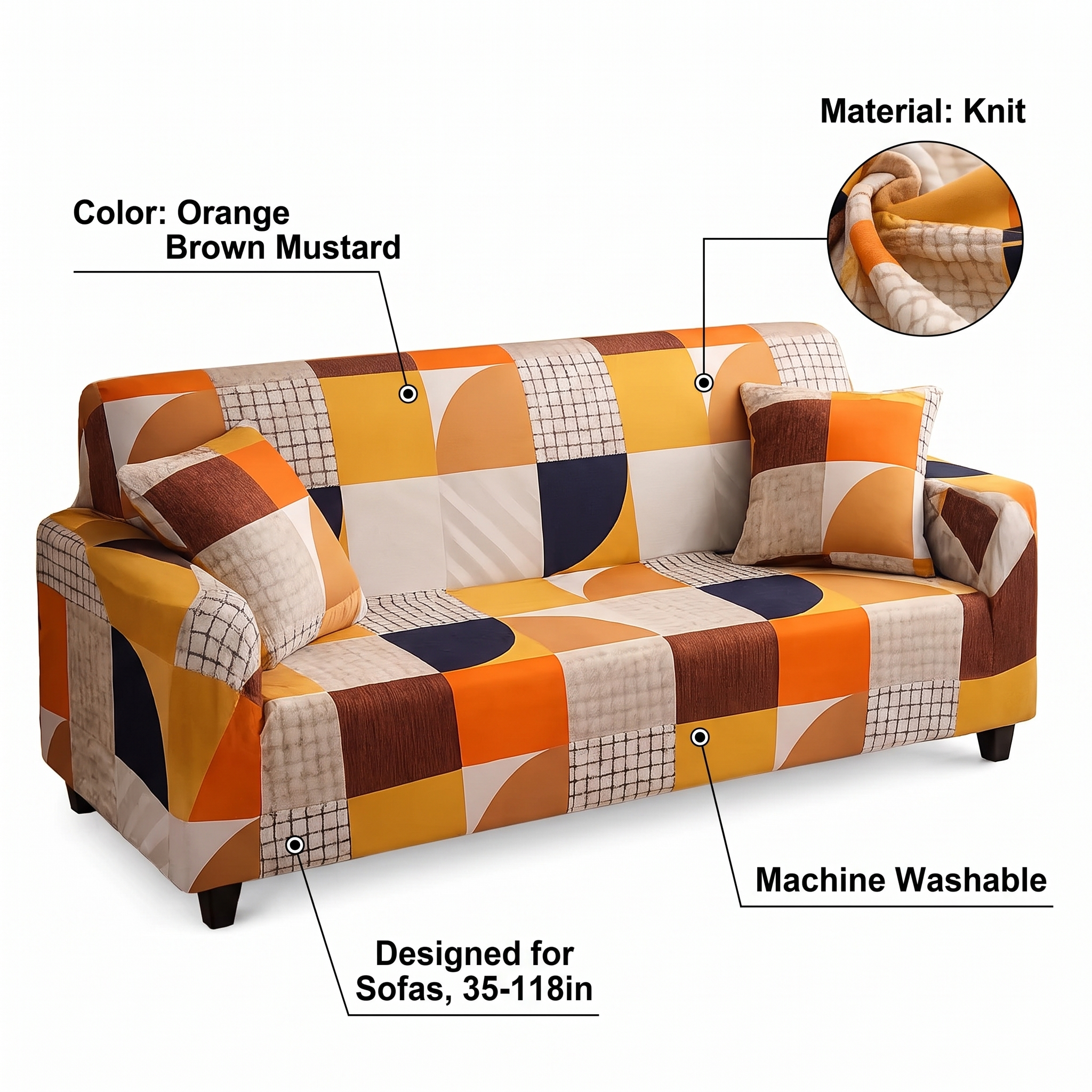 Stretch Sofa Slipcover – Orange Brown Mustard Geometric Print – features and specifications overview | Brivenzo