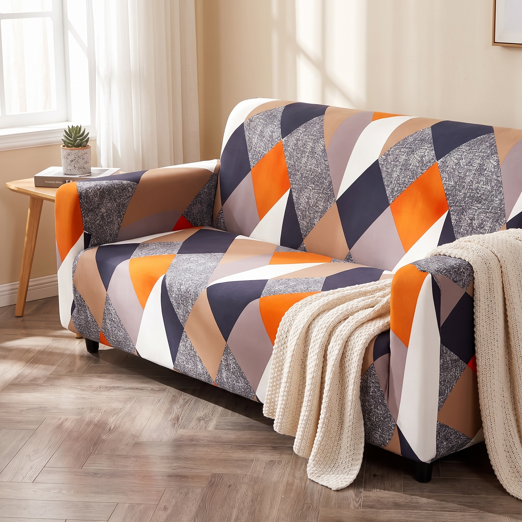 Stretch Sofa Slipcover – Orange Navy Grey Geometric Diamond Print shown in a styled home interior | Brivenzo