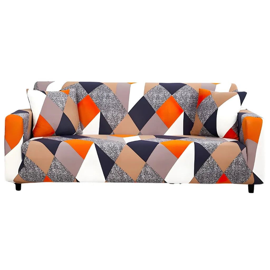 Stretch Sofa Slipcover – Orange Navy Grey Geometric Diamond Print – product view 1 | Brivenzo
