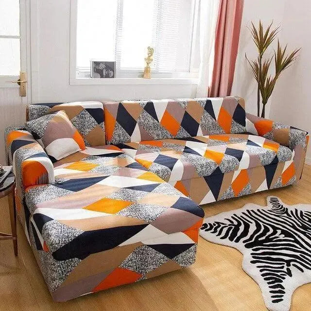 Stretch Sofa Slipcover – Orange Navy Grey Geometric Diamond Print – product view 5 | Brivenzo