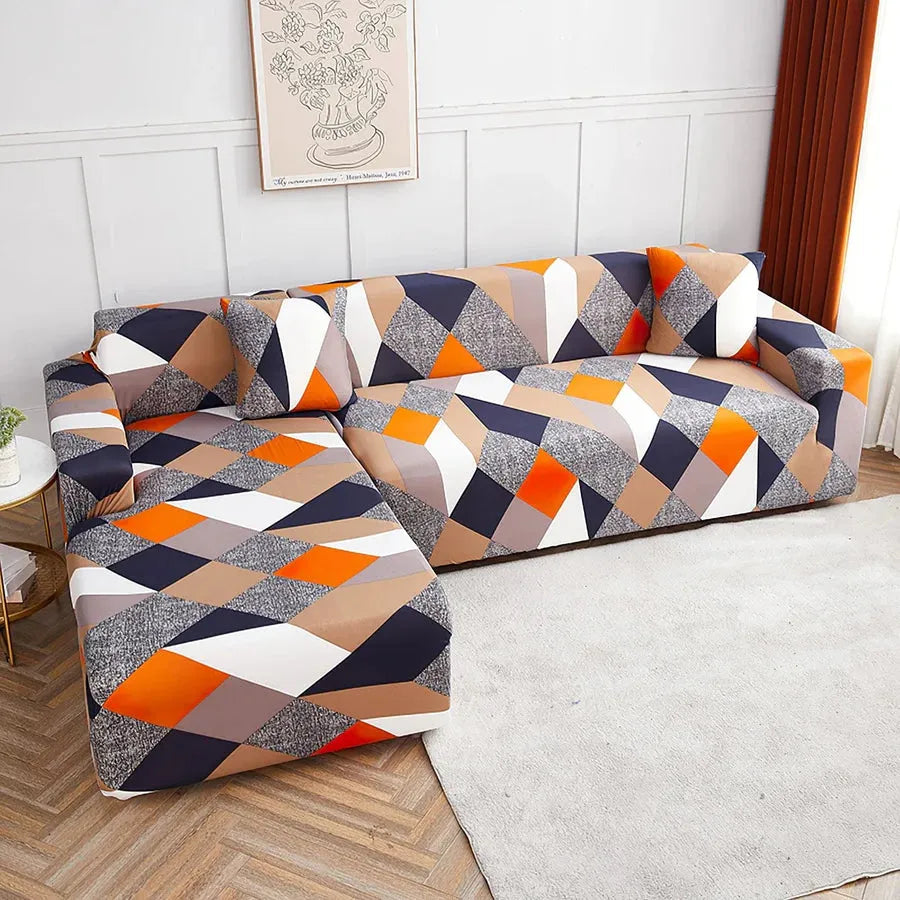 Stretch Sofa Slipcover – Orange Navy Grey Geometric Diamond Print – product view 6 | Brivenzo