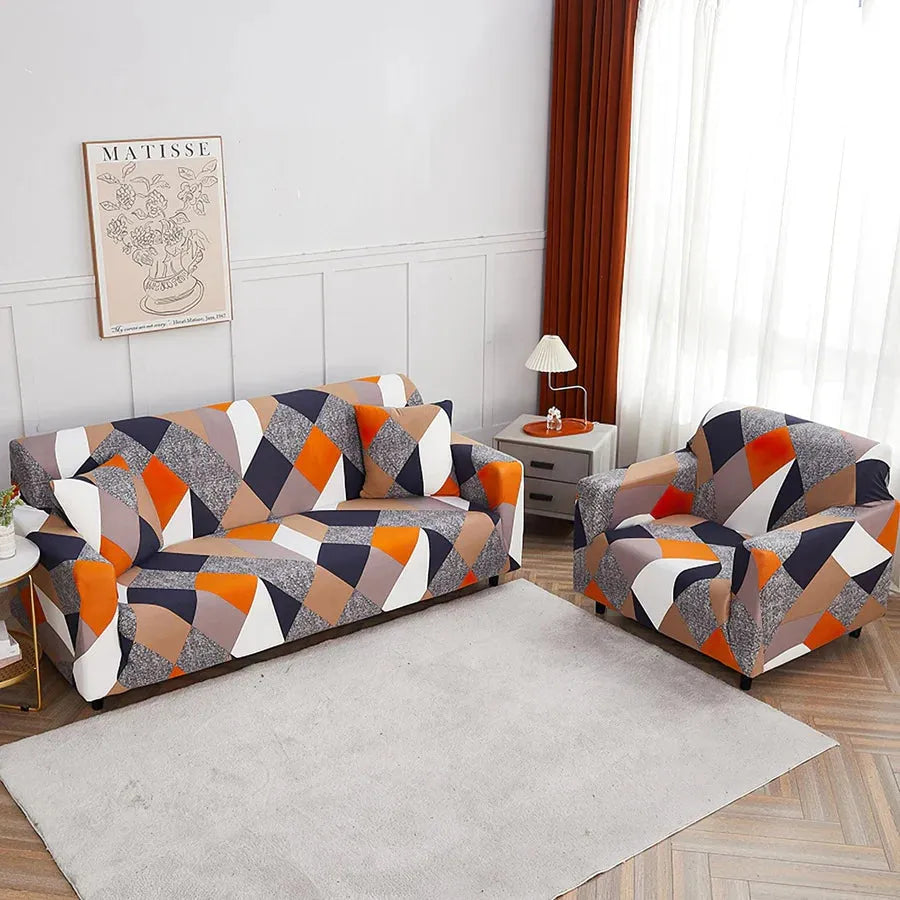 Stretch Sofa Slipcover – Orange Navy Grey Geometric Diamond Print – product view 7 | Brivenzo