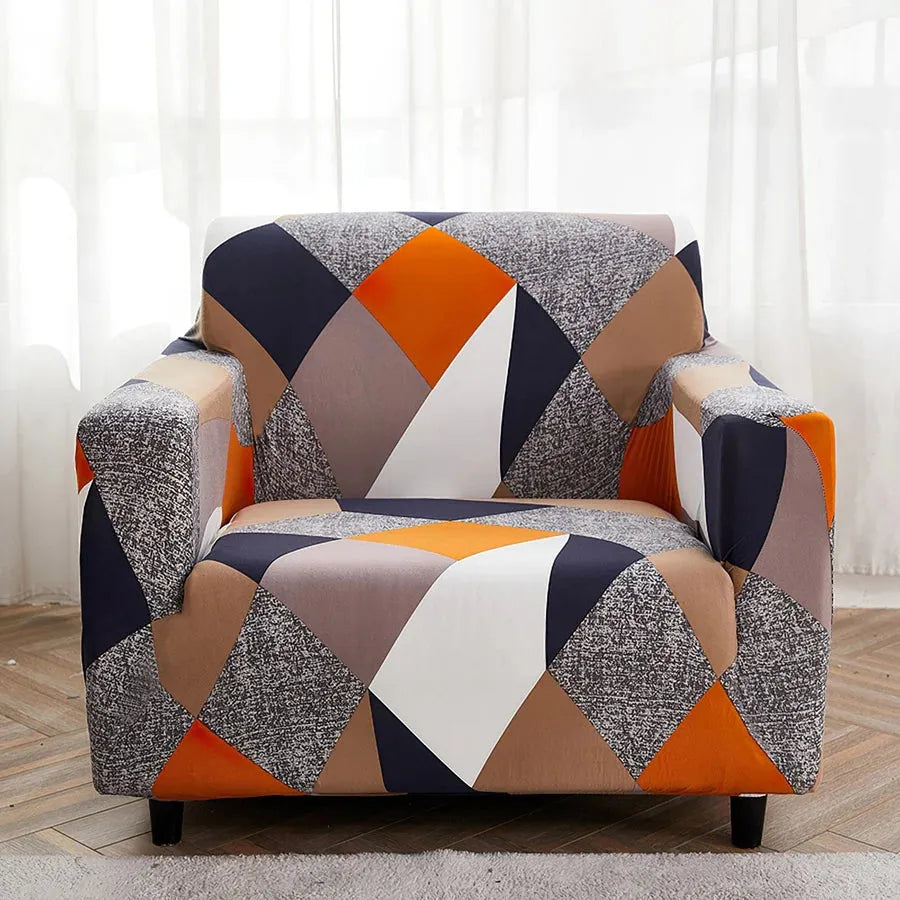 Stretch Sofa Slipcover – Orange Navy Grey Geometric Diamond Print – product view 8 | Brivenzo