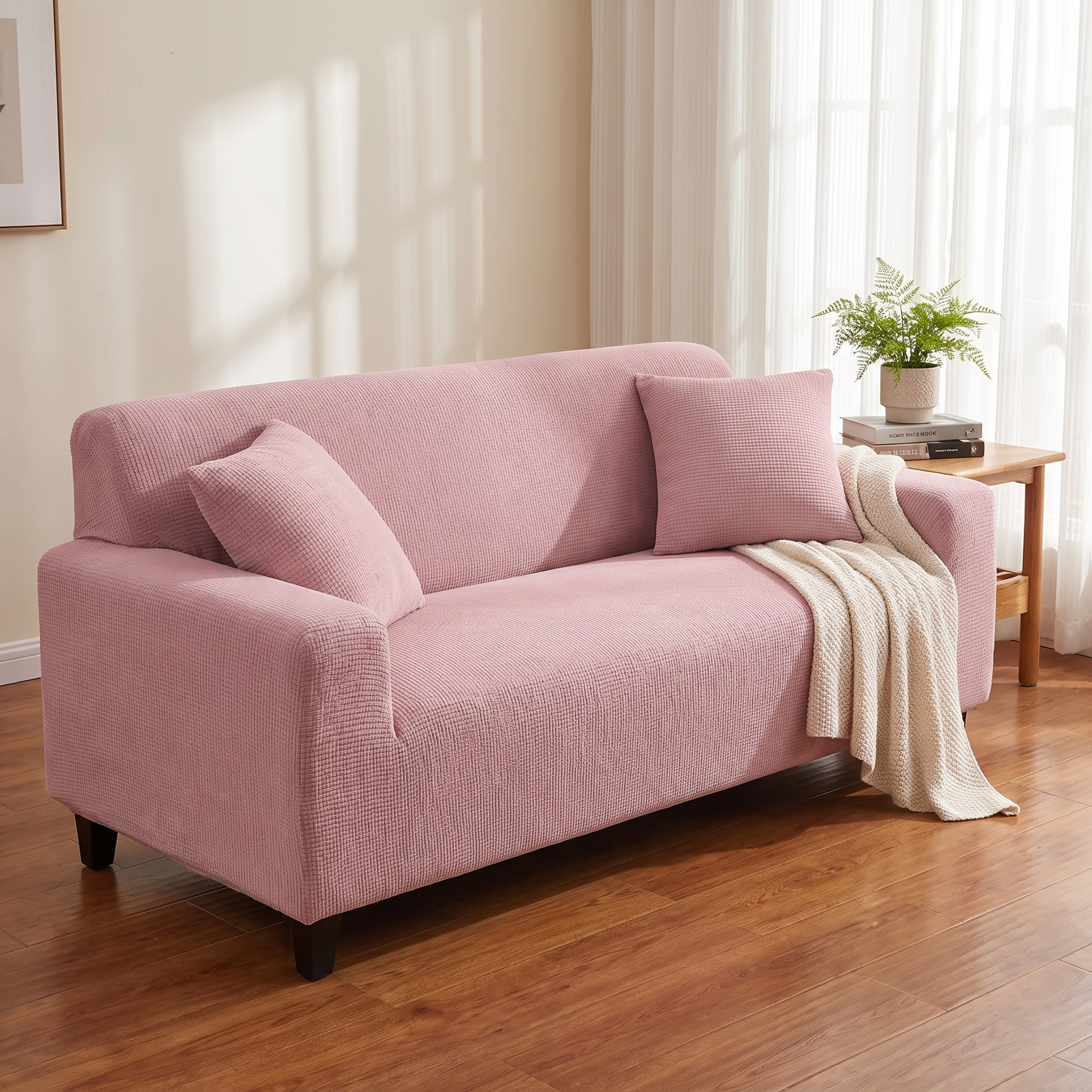 Pink waterproof sofa cover in a cozy living room