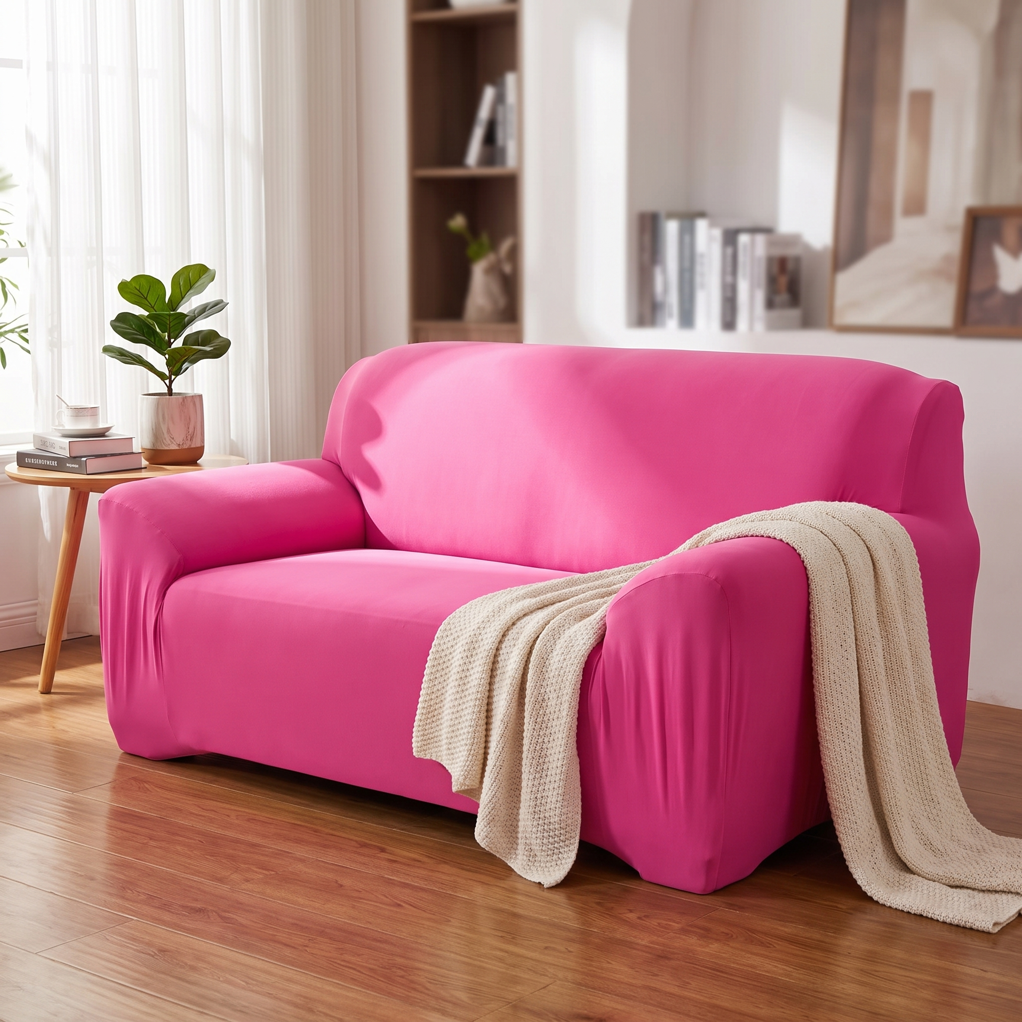 Pink stretch sofa cover in a cozy living room