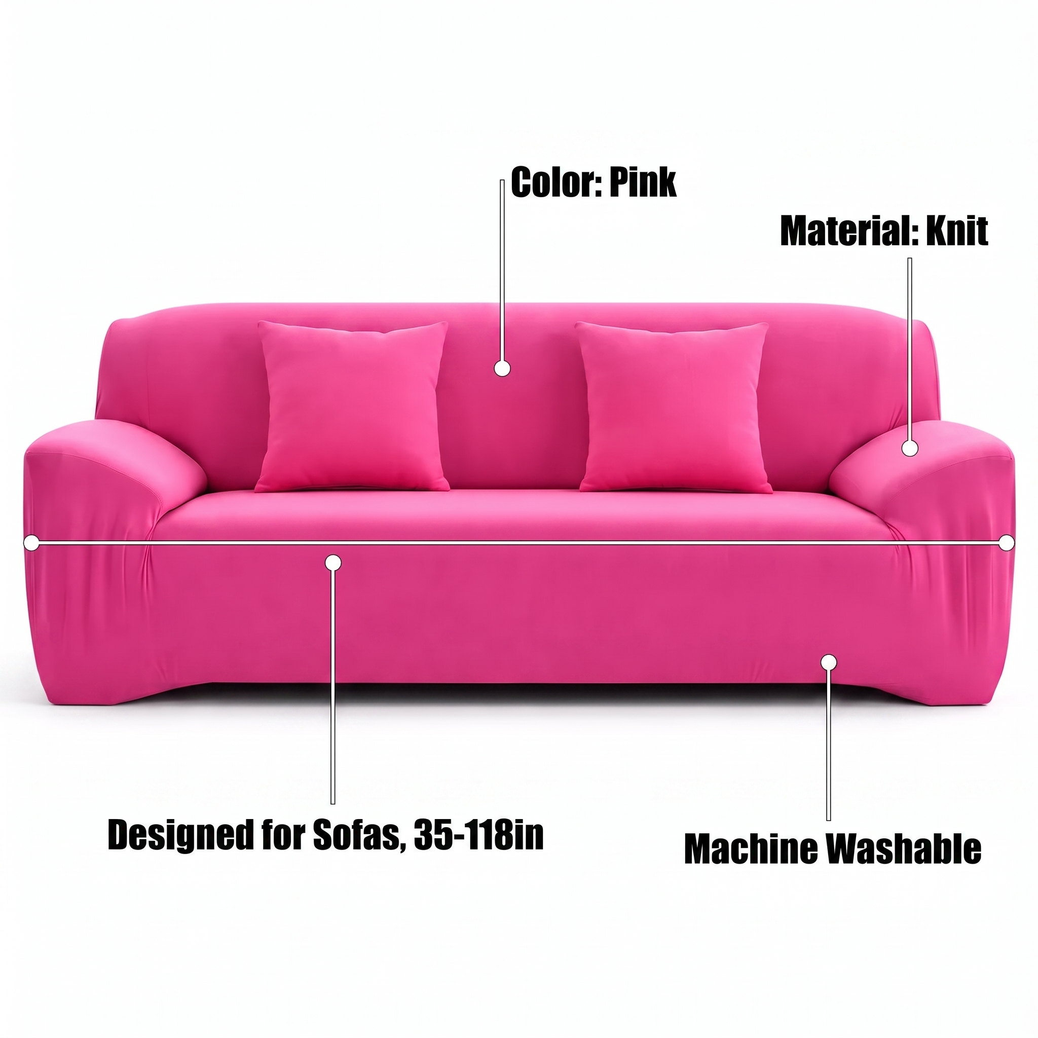 Pink stretch sofa cover infographic with feature callouts