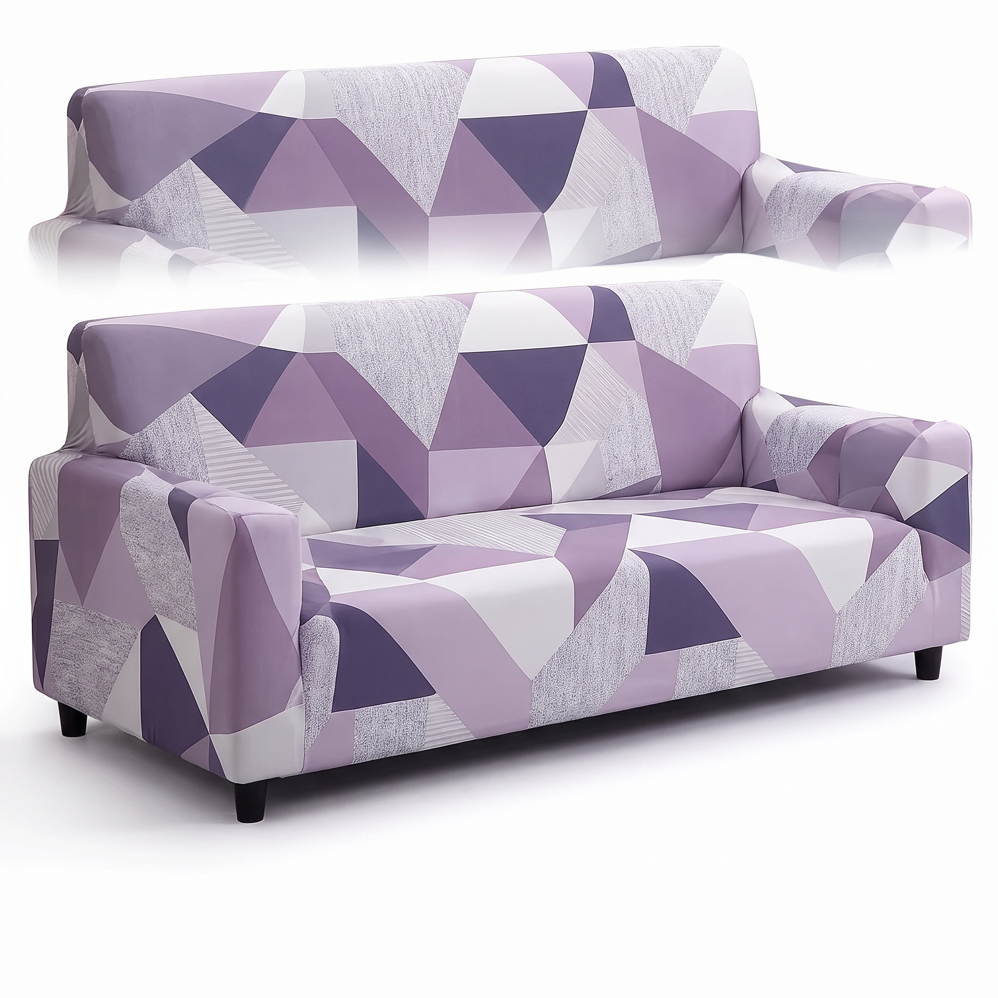 Stretch Sofa Slipcover – Purple Geometric Mosaic Print – product photo on a white background | Brivenzo