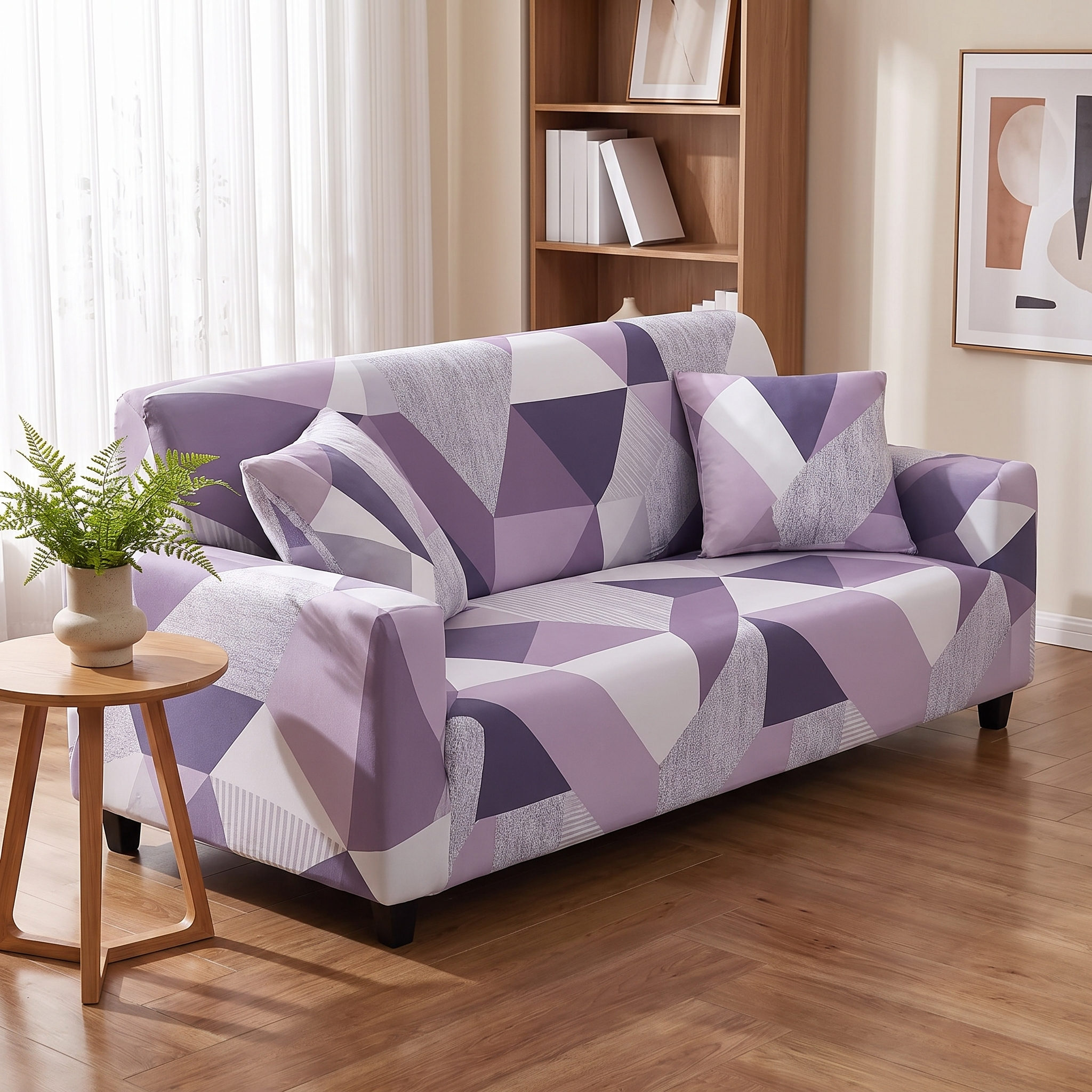 Stretch Sofa Slipcover – Purple Geometric Mosaic Print shown in a styled home interior | Brivenzo