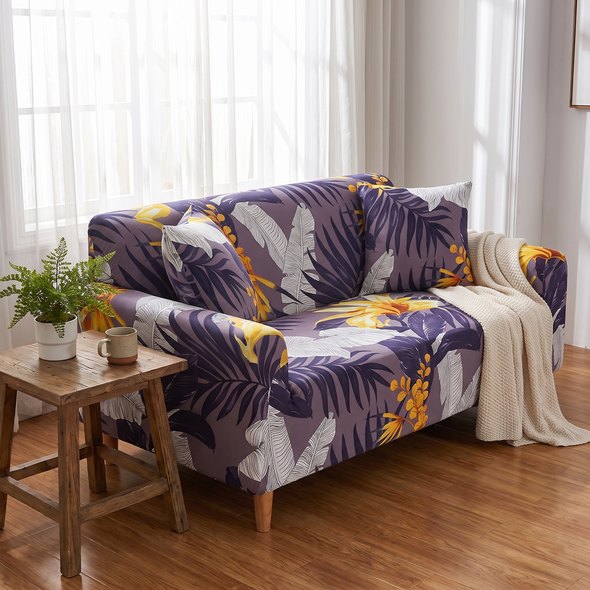Purple Grey Gold Tropical Leaf Print Stretch Sofa Slipcover - living room