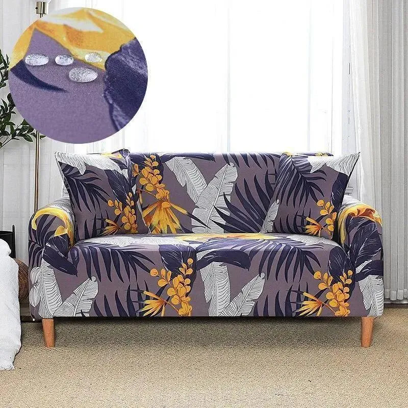 Stretch Sofa Slipcover – Purple Grey Gold Tropical Leaf Print – product view 4 | Brivenzo