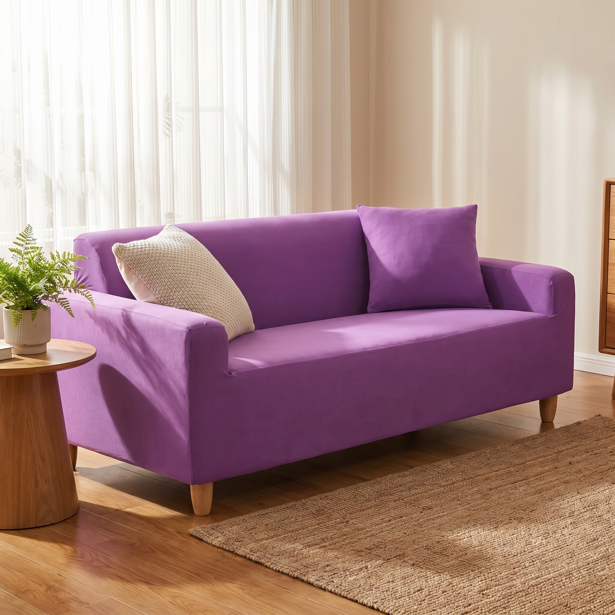 Purple Stretch Sofa Slipcover in living room