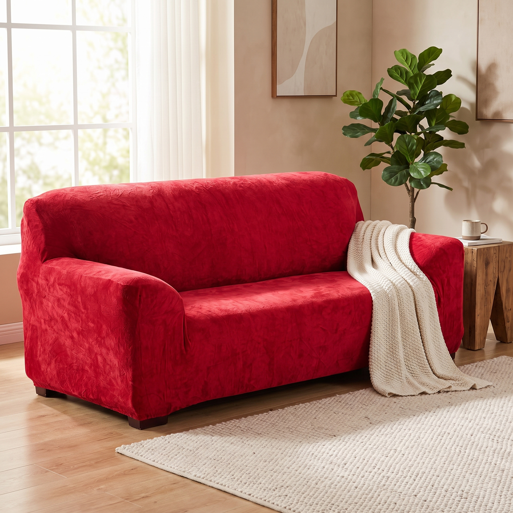 Stretch Sofa Slipcover – Red Velvet shown in a styled home interior | Brivenzo