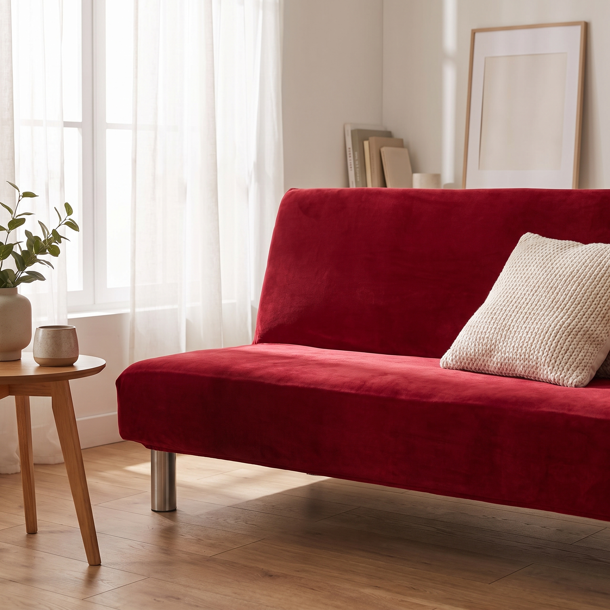 Stretch Sofa Slipcover – Red Velvet Sofa Bed shown in a styled home interior | Brivenzo
