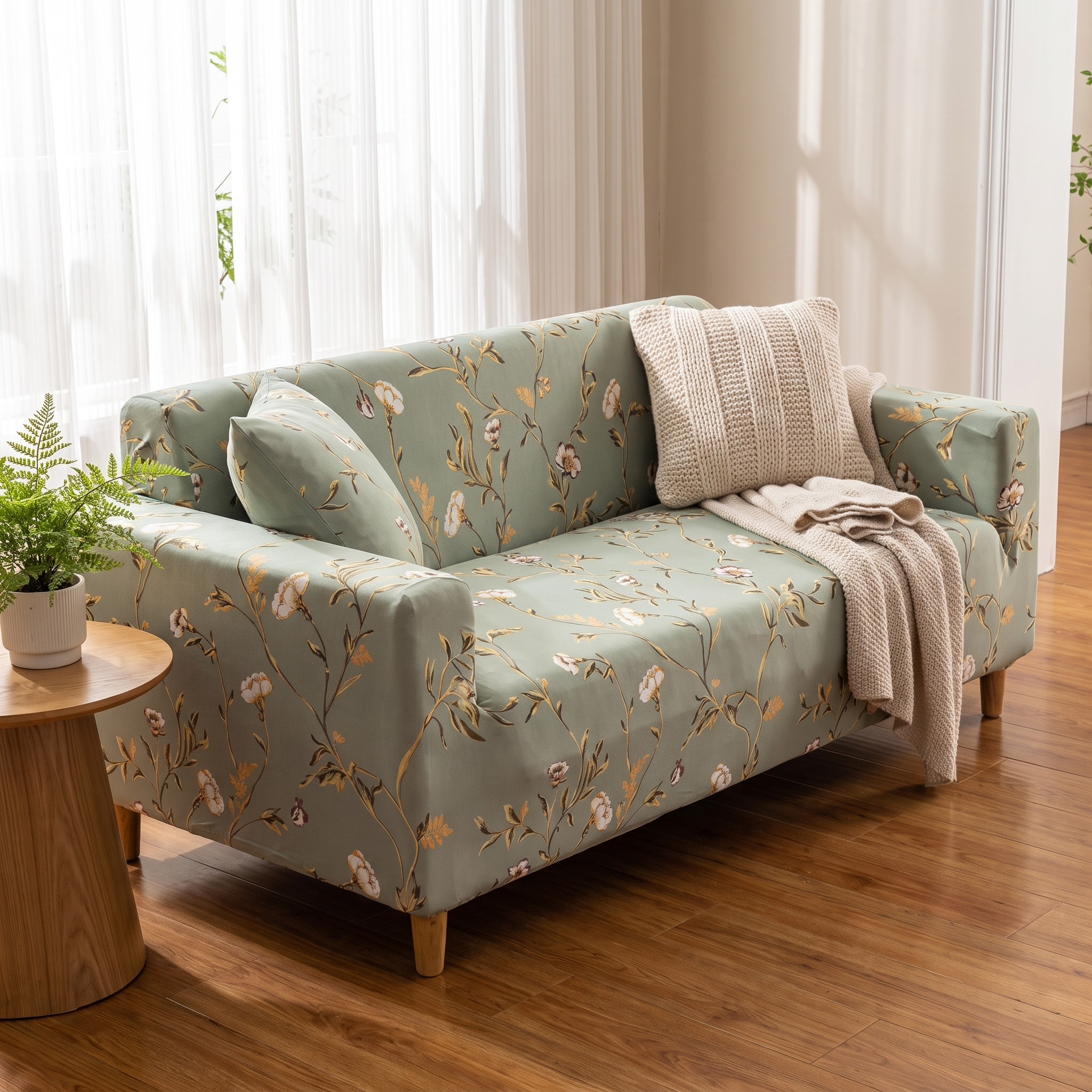 Stretch Sofa Slipcover – Sage Green Floral Print shown in a styled home interior | Brivenzo