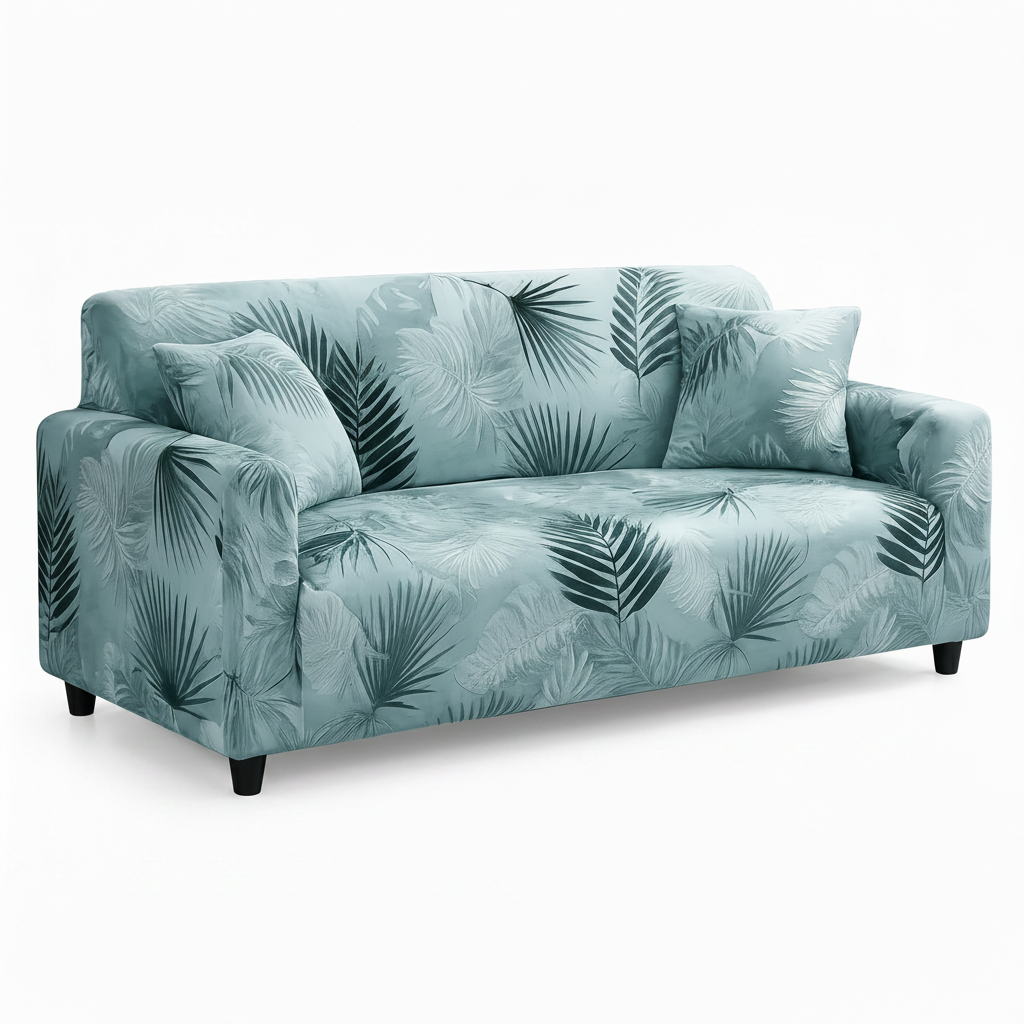 Stretch Sofa Slipcover – Sage Green Palm Leaf Print – product photo on a white background | Brivenzo