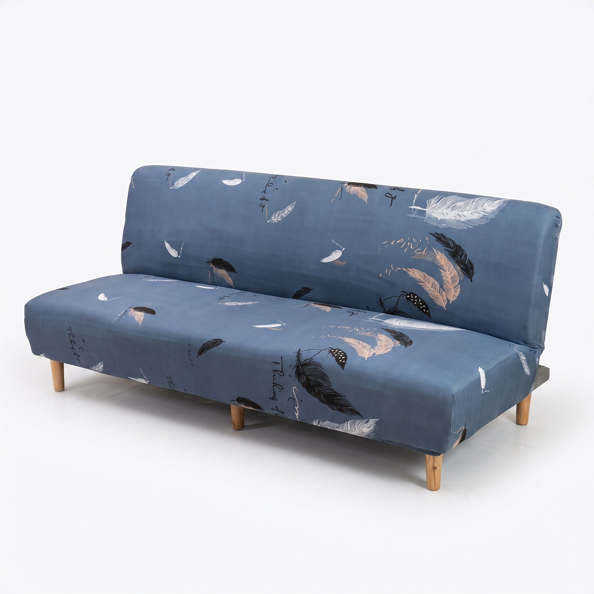 Stretch Sofa Slipcover – Slate Blue Feather Print Sofa Bed – product photo on a white background | Brivenzo