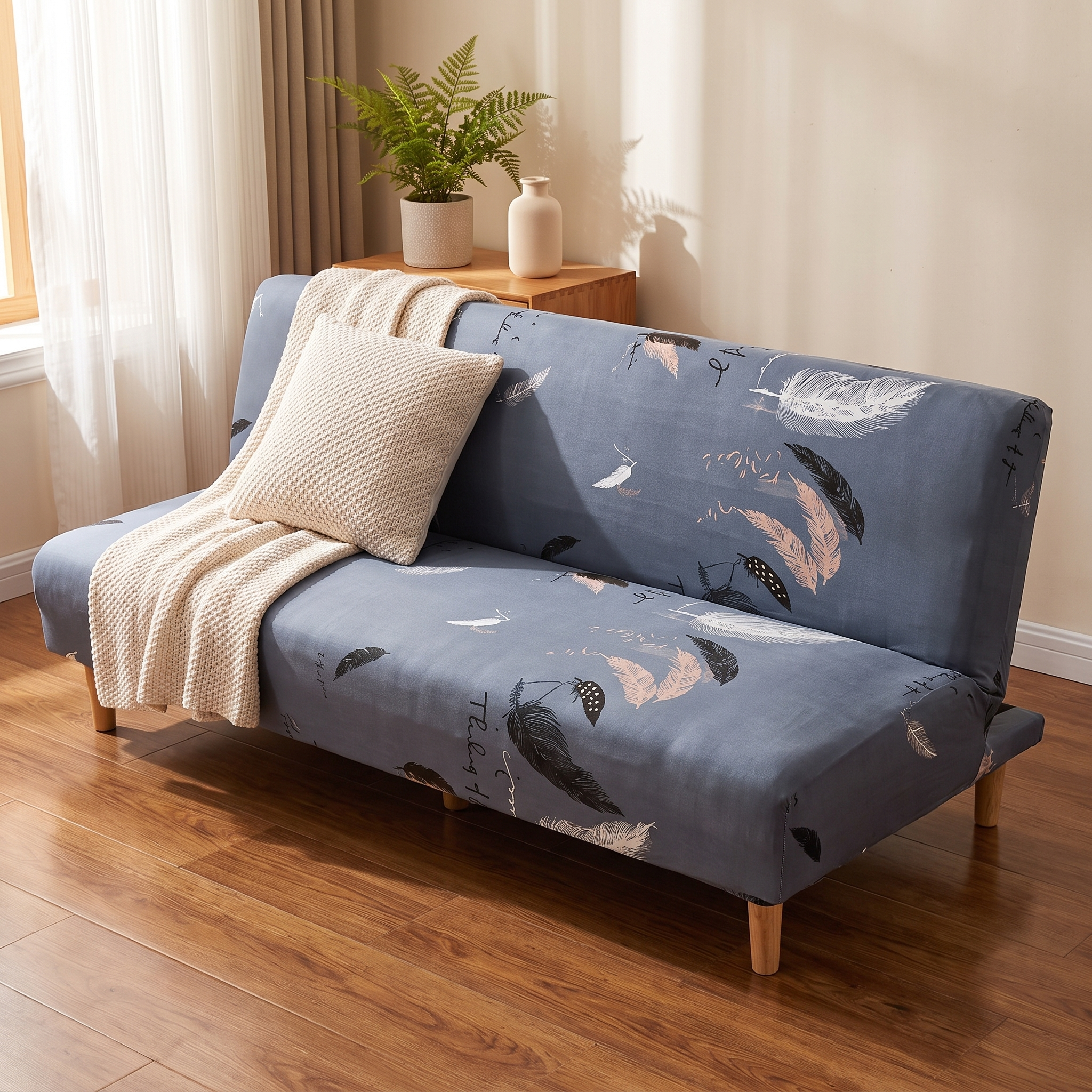 Stretch Sofa Slipcover – Slate Blue Feather Print Sofa Bed shown in a styled home interior | Brivenzo