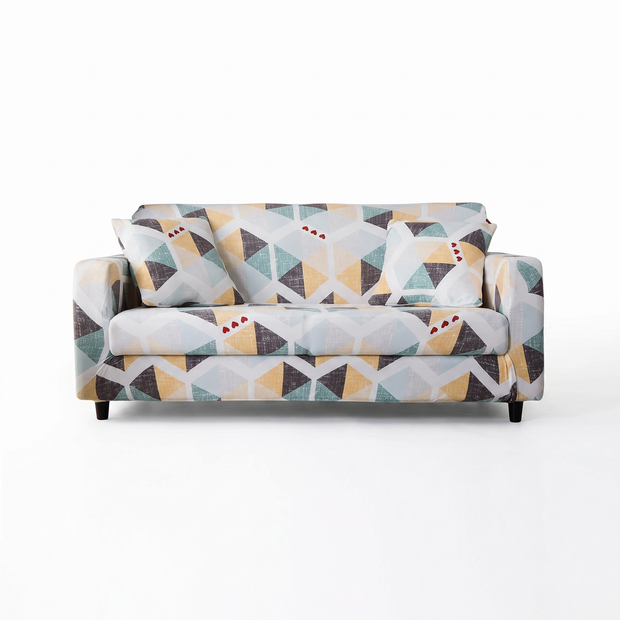 Stretch Sofa Slipcover – Teal Mustard Geometric Triangle Print – product photo on a white background | Brivenzo