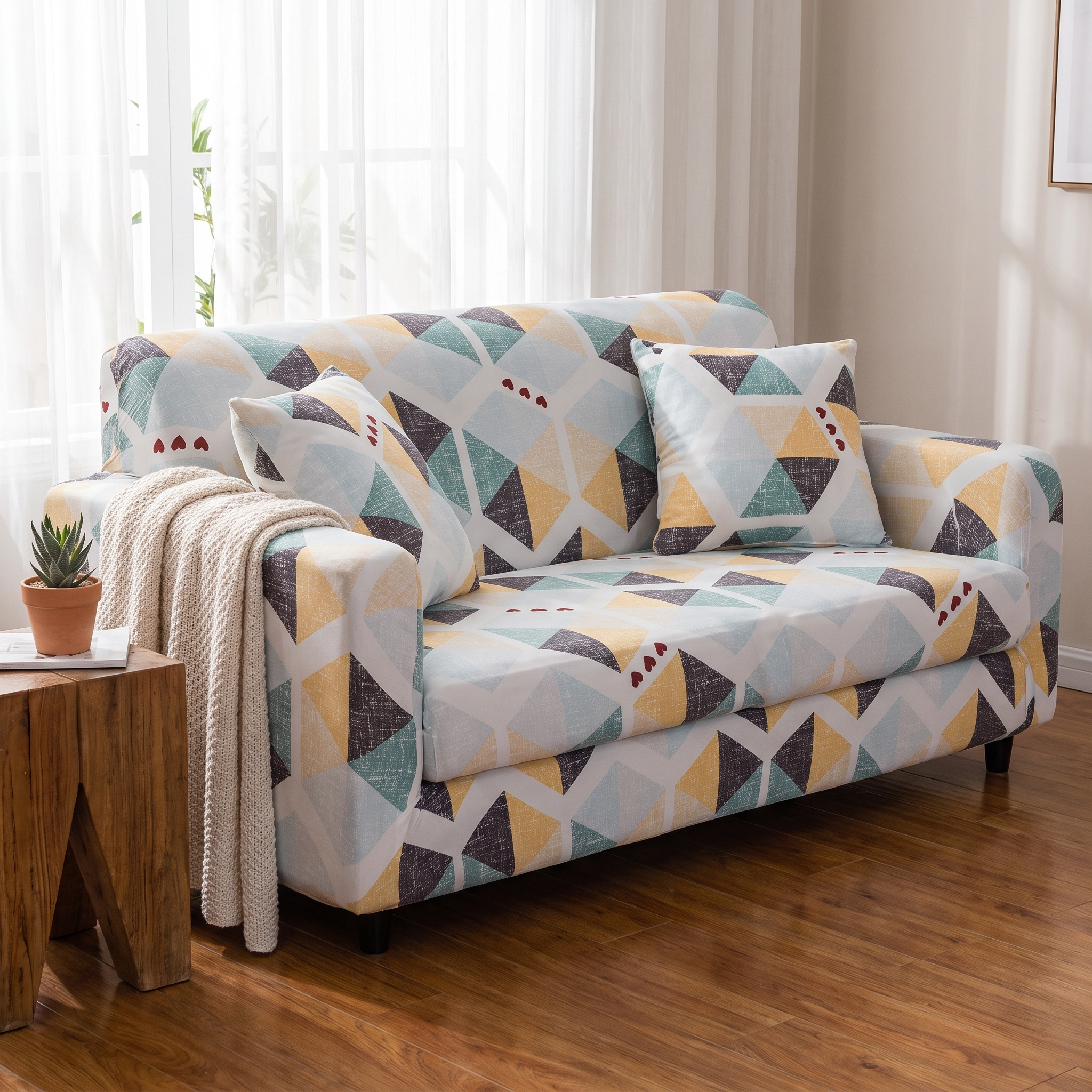Stretch Sofa Slipcover – Teal Mustard Geometric Triangle Print shown in a styled home interior | Brivenzo