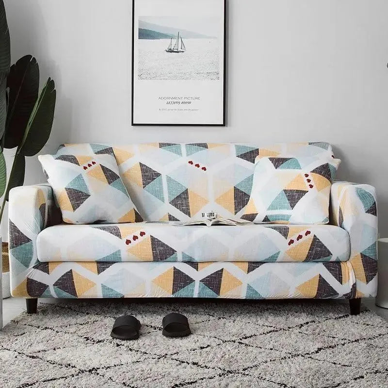 Stretch Sofa Slipcover – Teal Mustard Geometric Triangle Print – product view 4 | Brivenzo