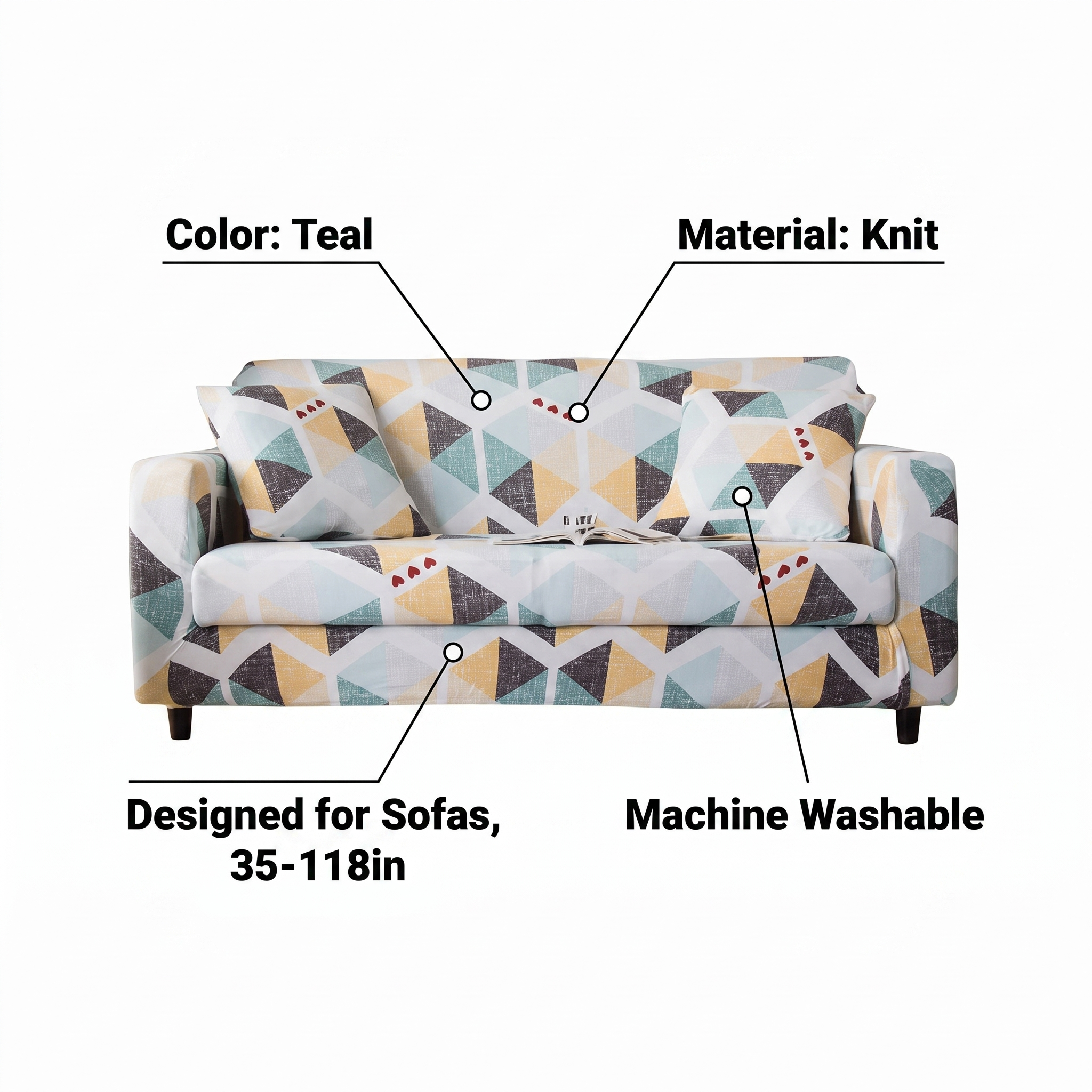Stretch Sofa Slipcover – Teal Mustard Geometric Triangle Print – features and specifications overview | Brivenzo