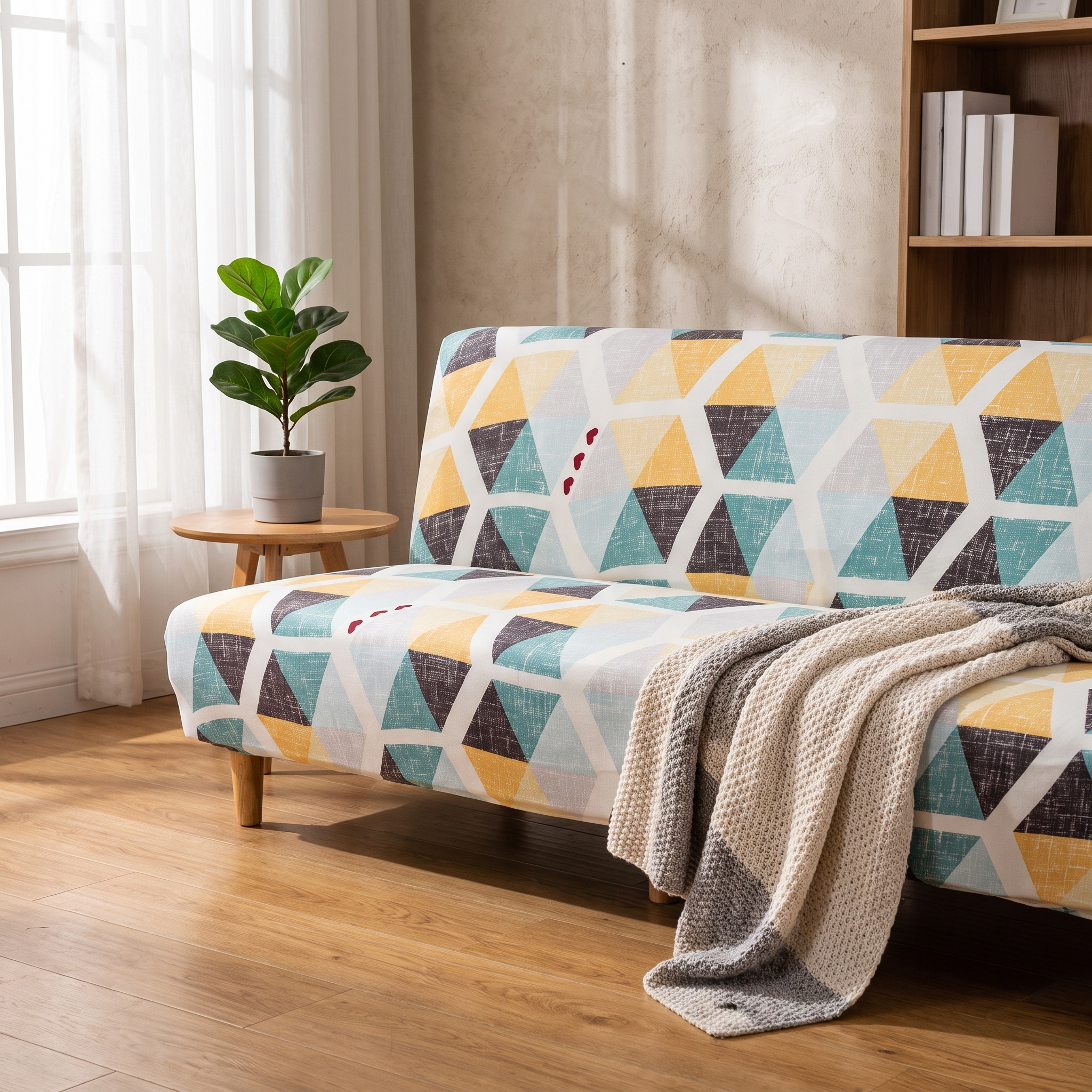Stretch Sofa Slipcover – Teal Mustard Grey Diamond Print Sofa Bed shown in a styled home interior | Brivenzo