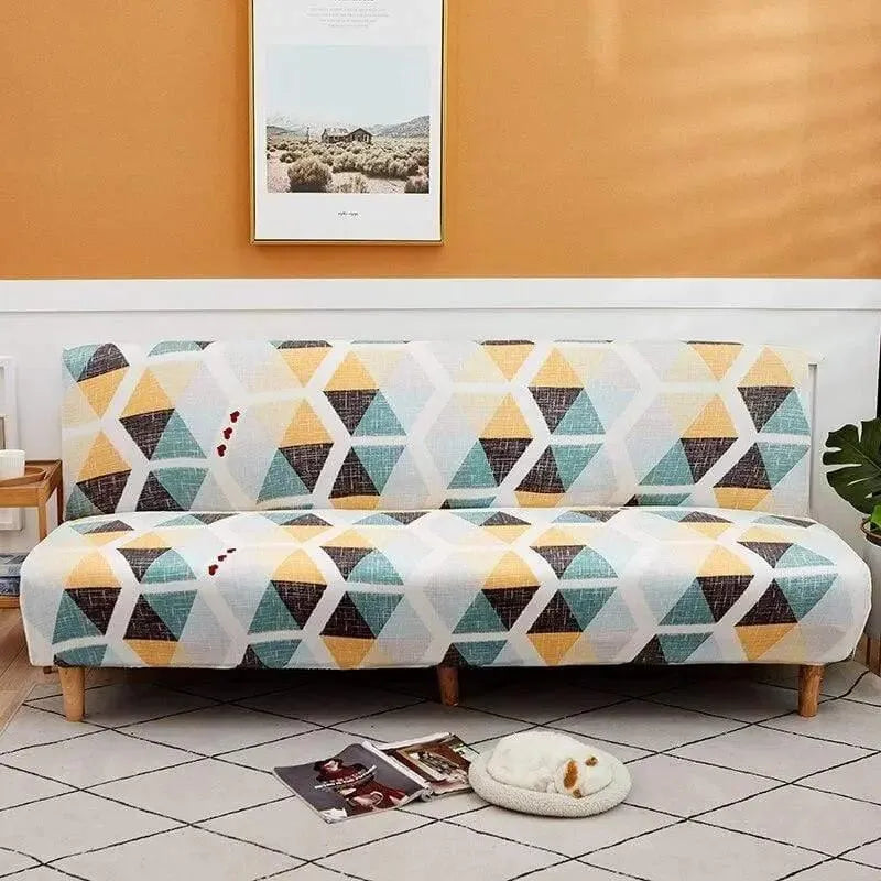 Stretch Sofa Slipcover – Teal Mustard Grey Diamond Print Sofa Bed – product view 4 | Brivenzo