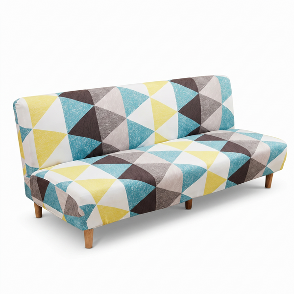 Stretch Sofa Slipcover – Teal Yellow Grey Triangle Print Sofa Bed – product photo on a white background | Brivenzo