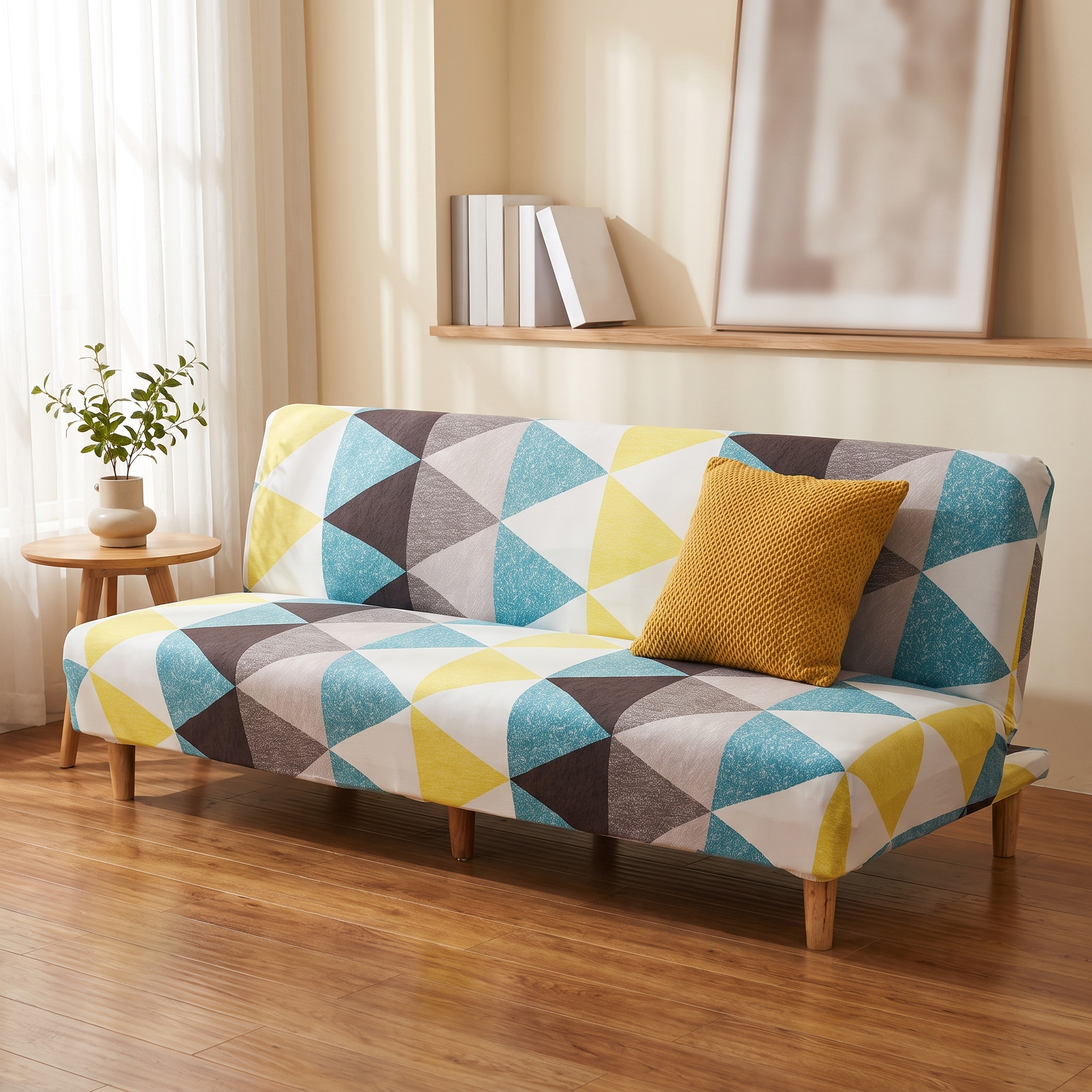 Stretch Sofa Slipcover – Teal Yellow Grey Triangle Print Sofa Bed shown in a styled home interior | Brivenzo