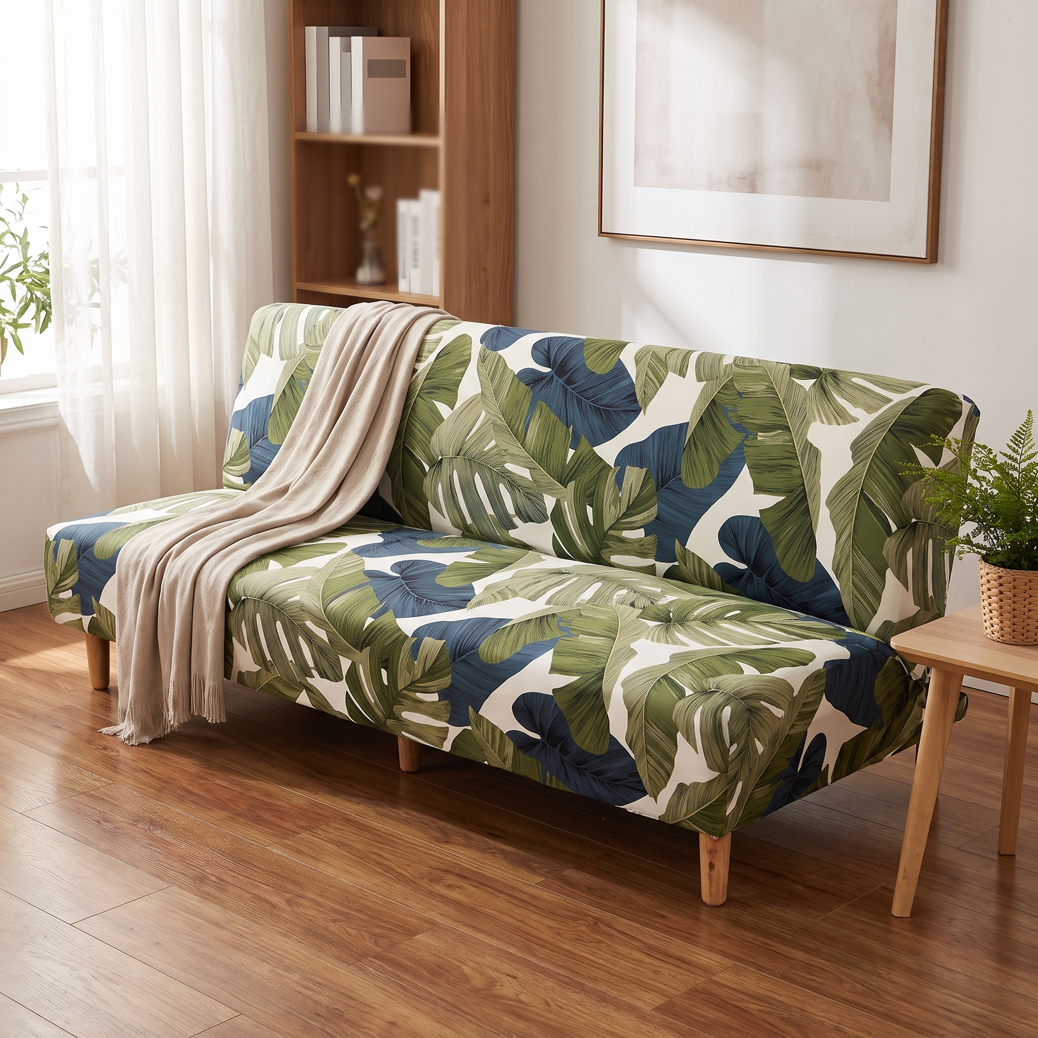 Stretch Sofa Slipcover – White Green Palm Leaf Print Sofa Bed shown in a styled home interior | Brivenzo