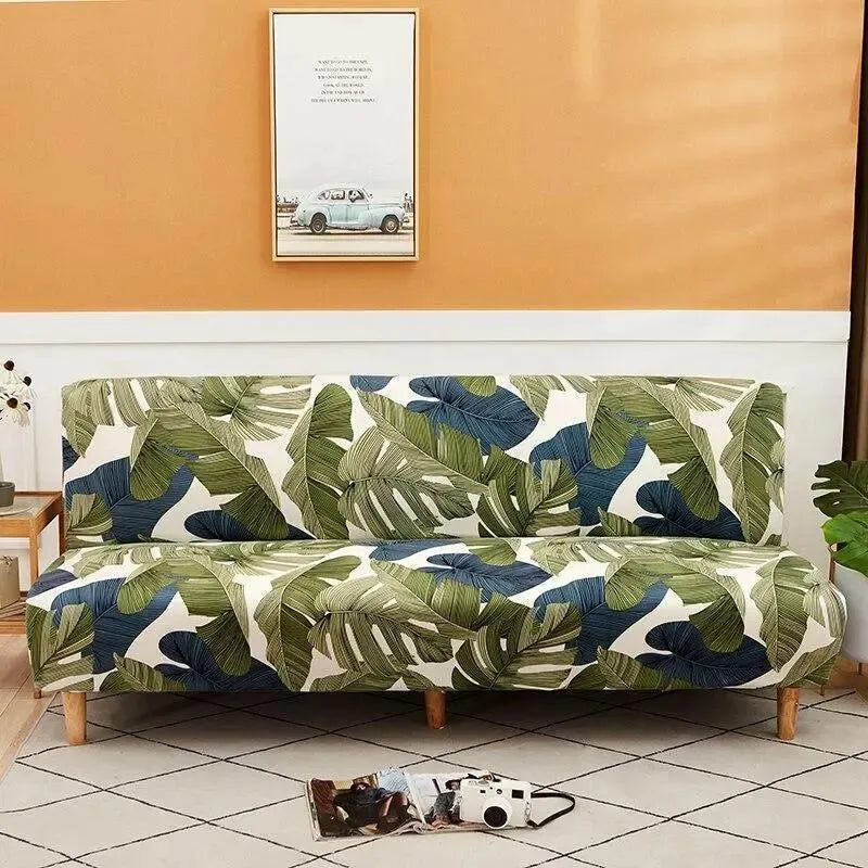 Stretch Sofa Slipcover – White Green Palm Leaf Print Sofa Bed – product view 4 | Brivenzo