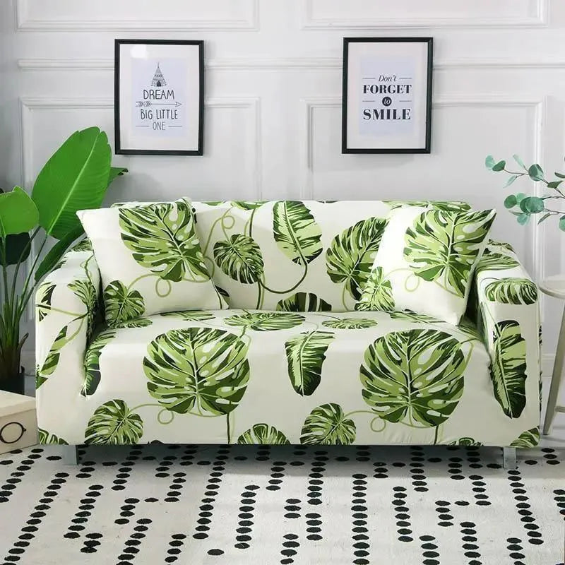 Stretch Sofa Slipcover – White Green Tropical Leaf Print – product view 3 | Brivenzo