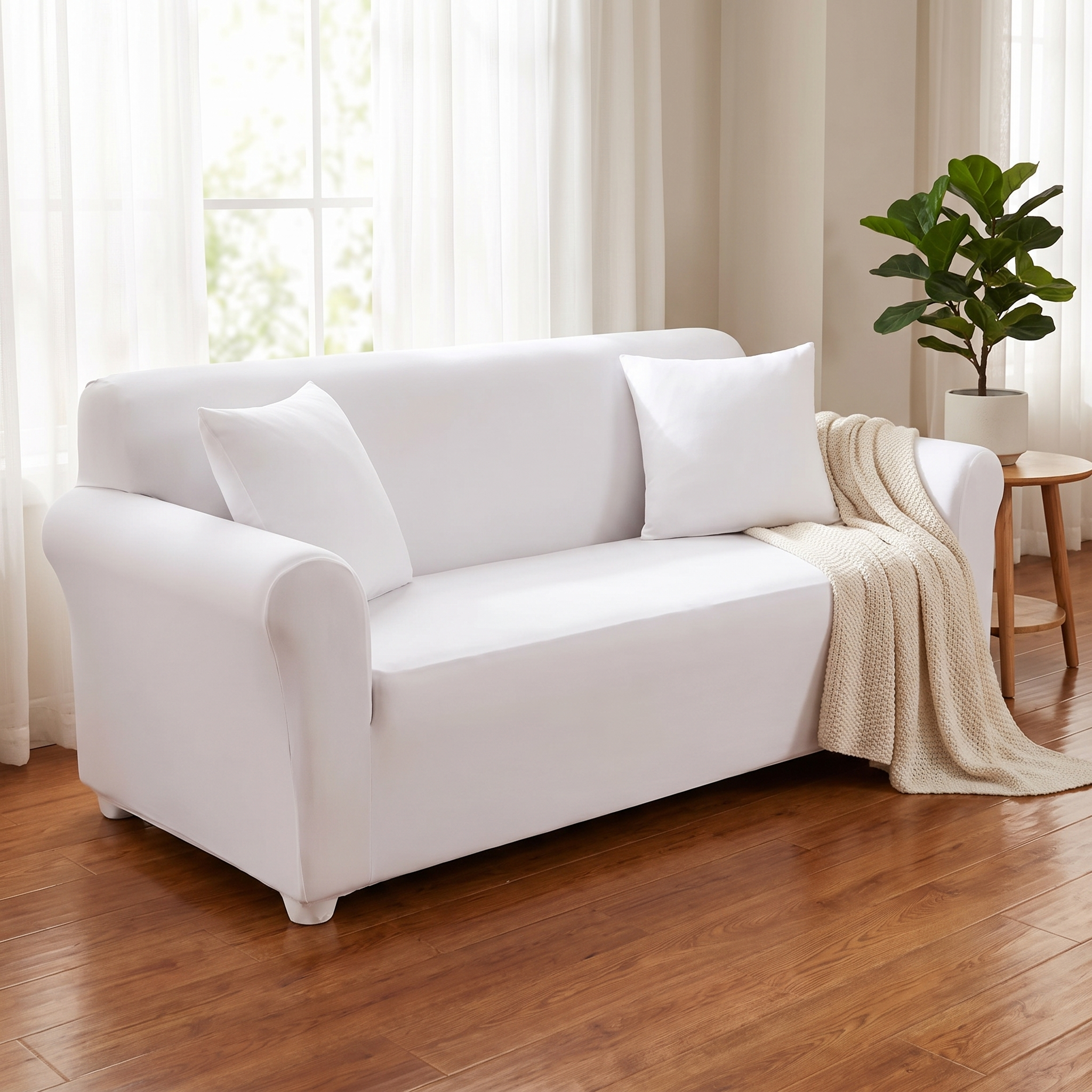 Stretch Sofa Slipcover – White shown in a styled home interior | Brivenzo