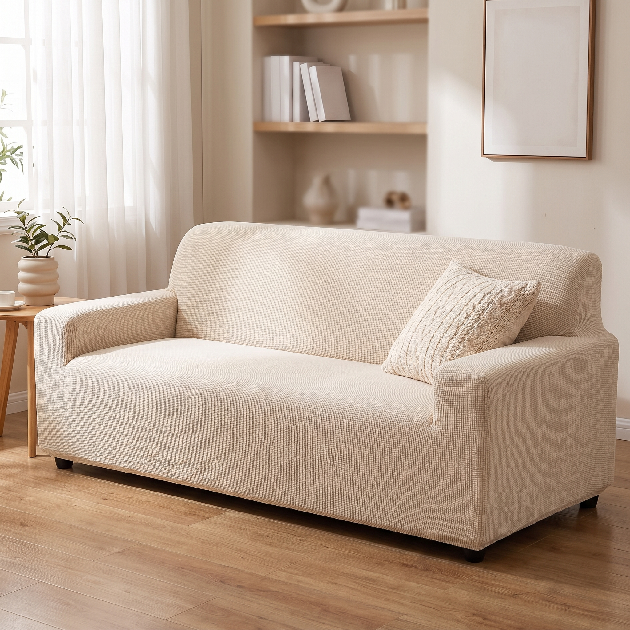 Stretch Sofa Slipcover – White Ribbed Stretch Fabric shown in a styled home interior | Brivenzo