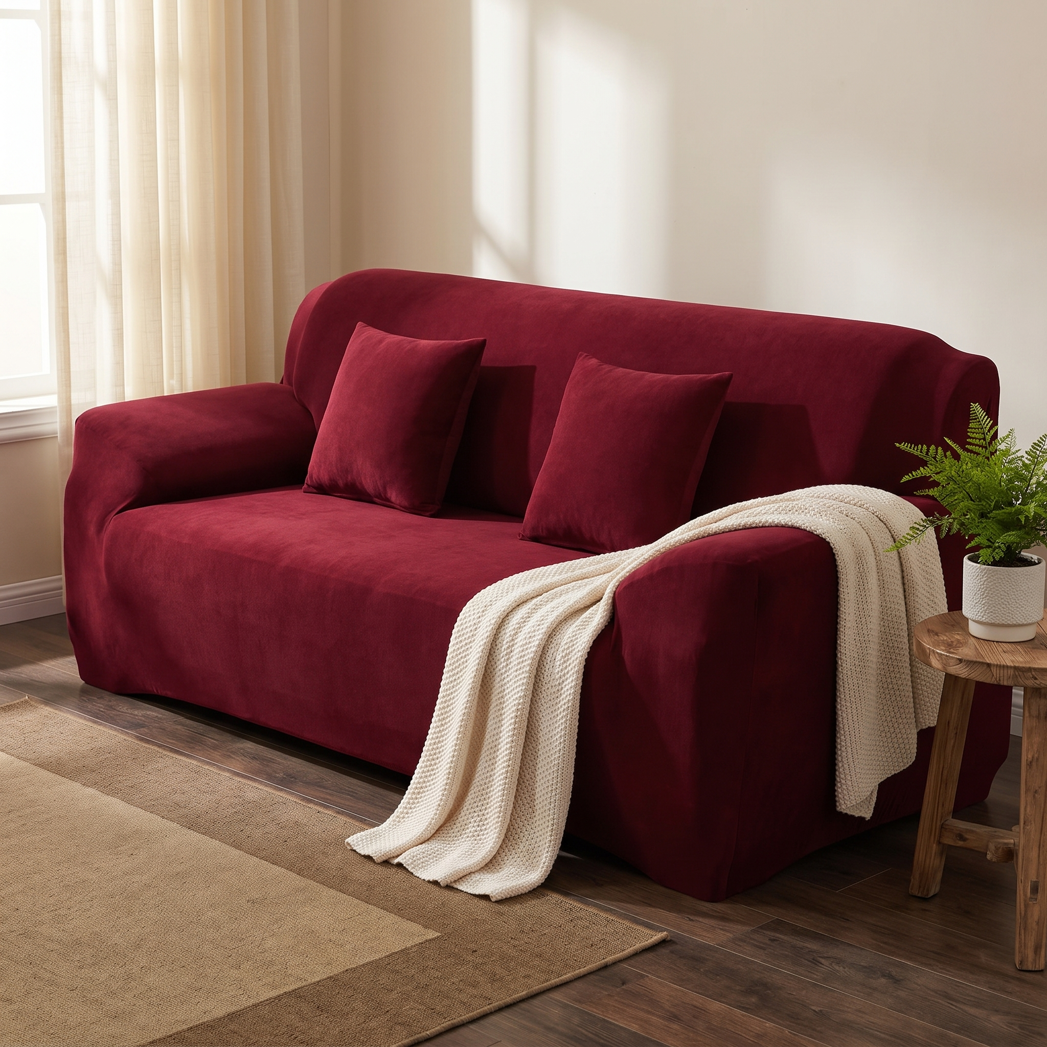 Wine red stretch sofa slipcover in a cozy living room