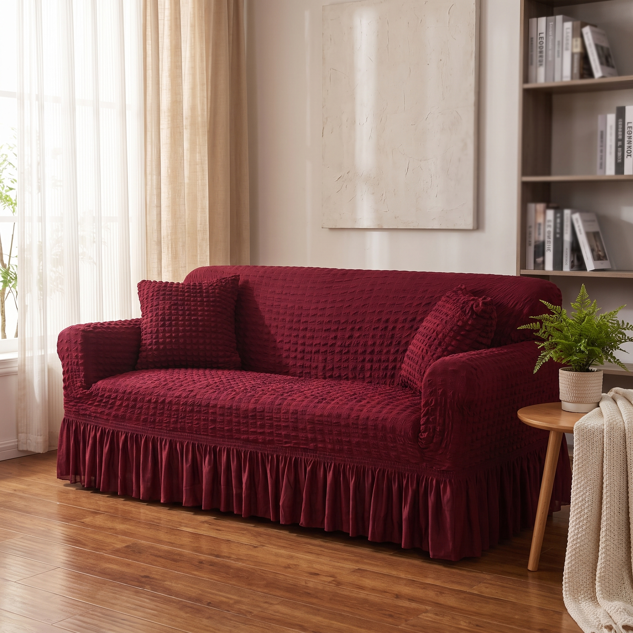 Stretch Sofa Slipcover – Wine Red Ruffled Skirt shown in a styled home interior | Brivenzo