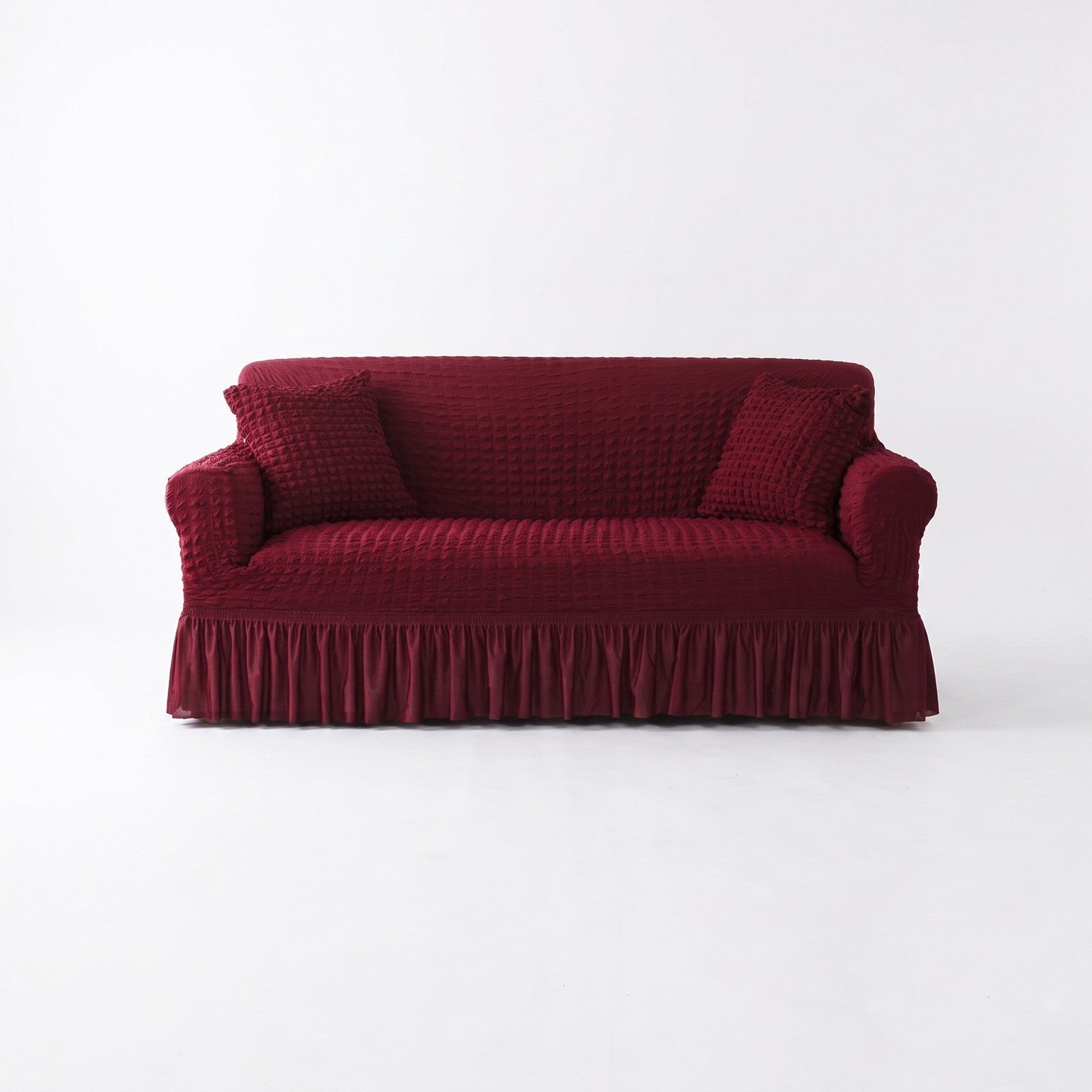Stretch Sofa Slipcover – Wine Red Ruffled Skirt – product view 4 | Brivenzo